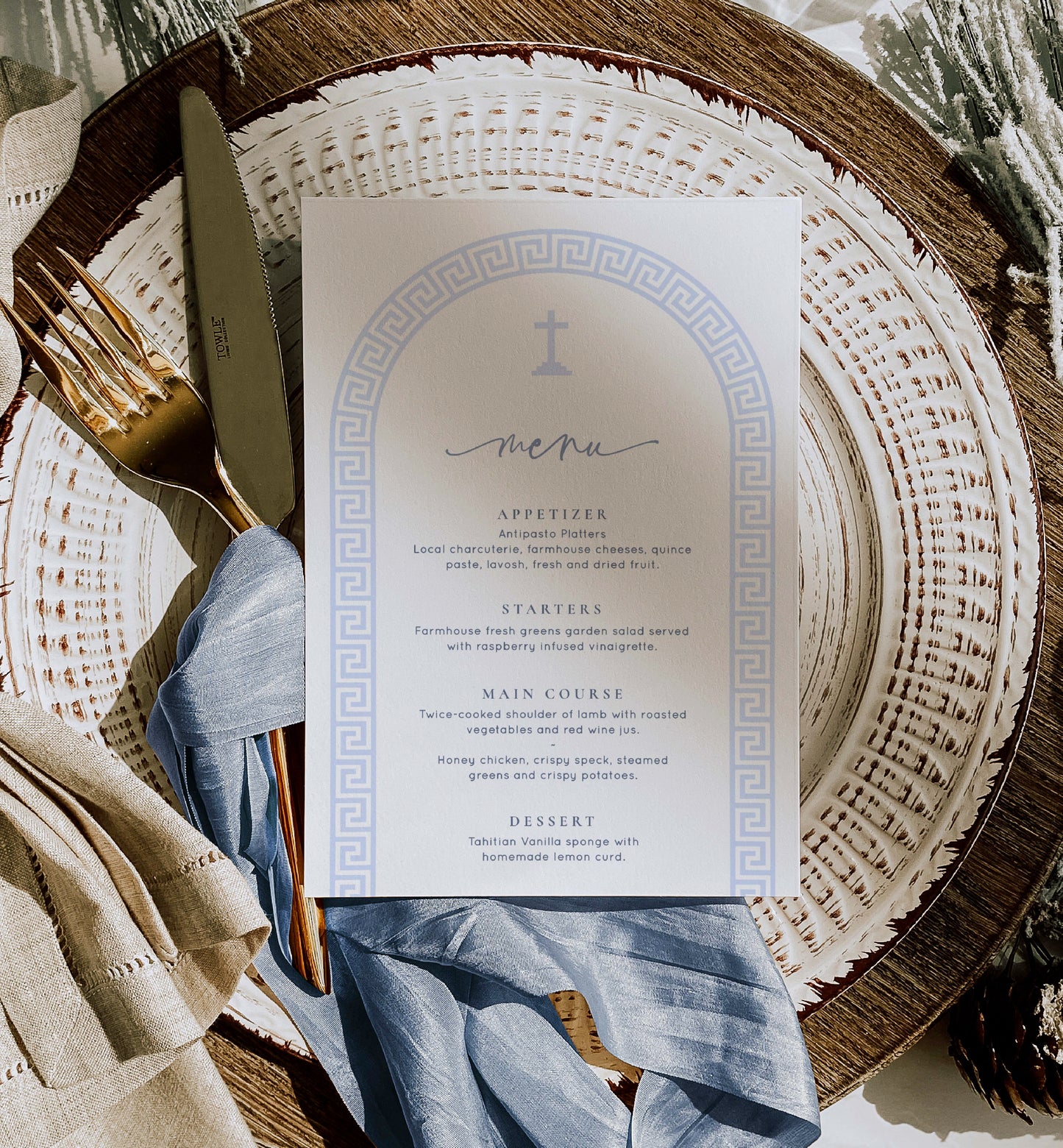 Greek Key Arch White | Printable Baptism Menu Template