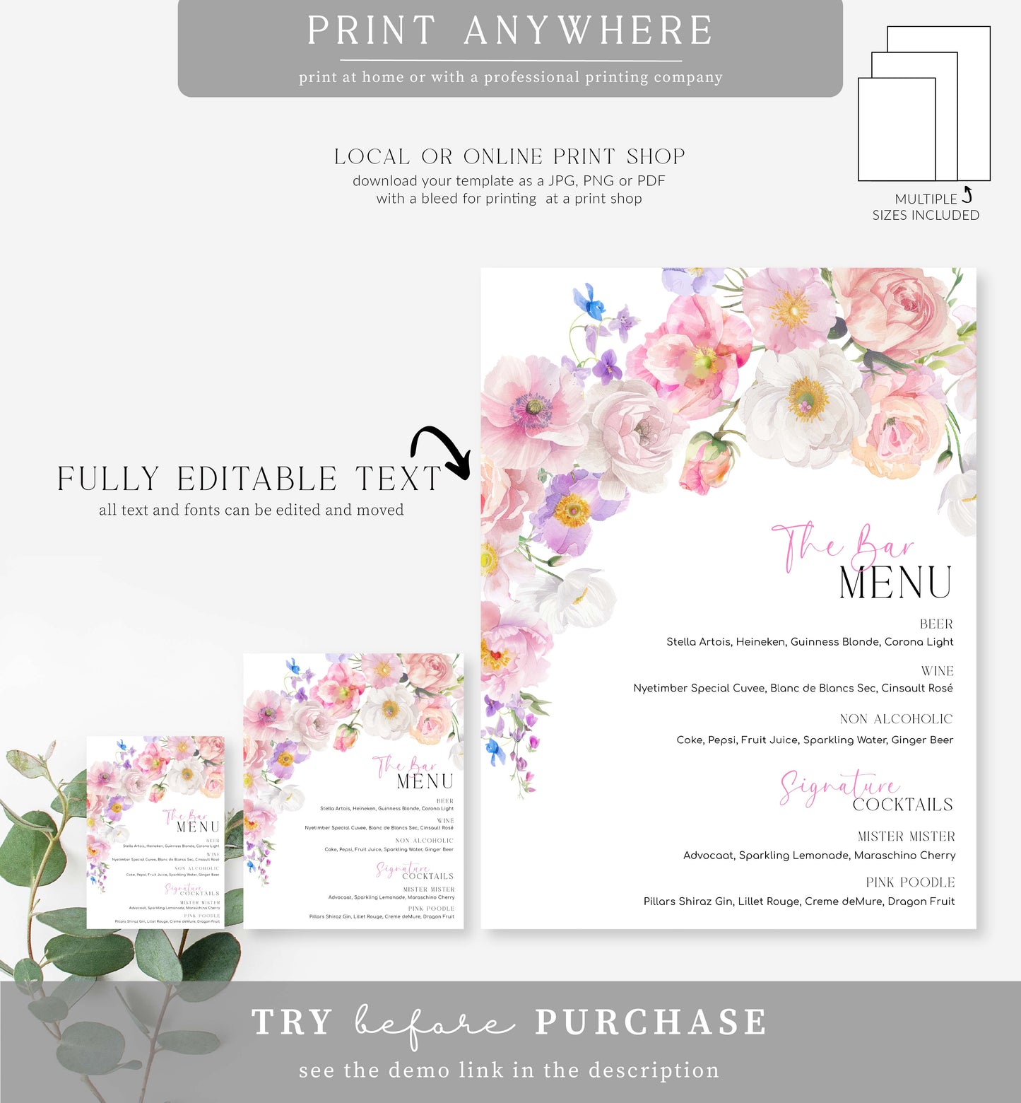 Eloise Floral | Printable Bar Menu Template