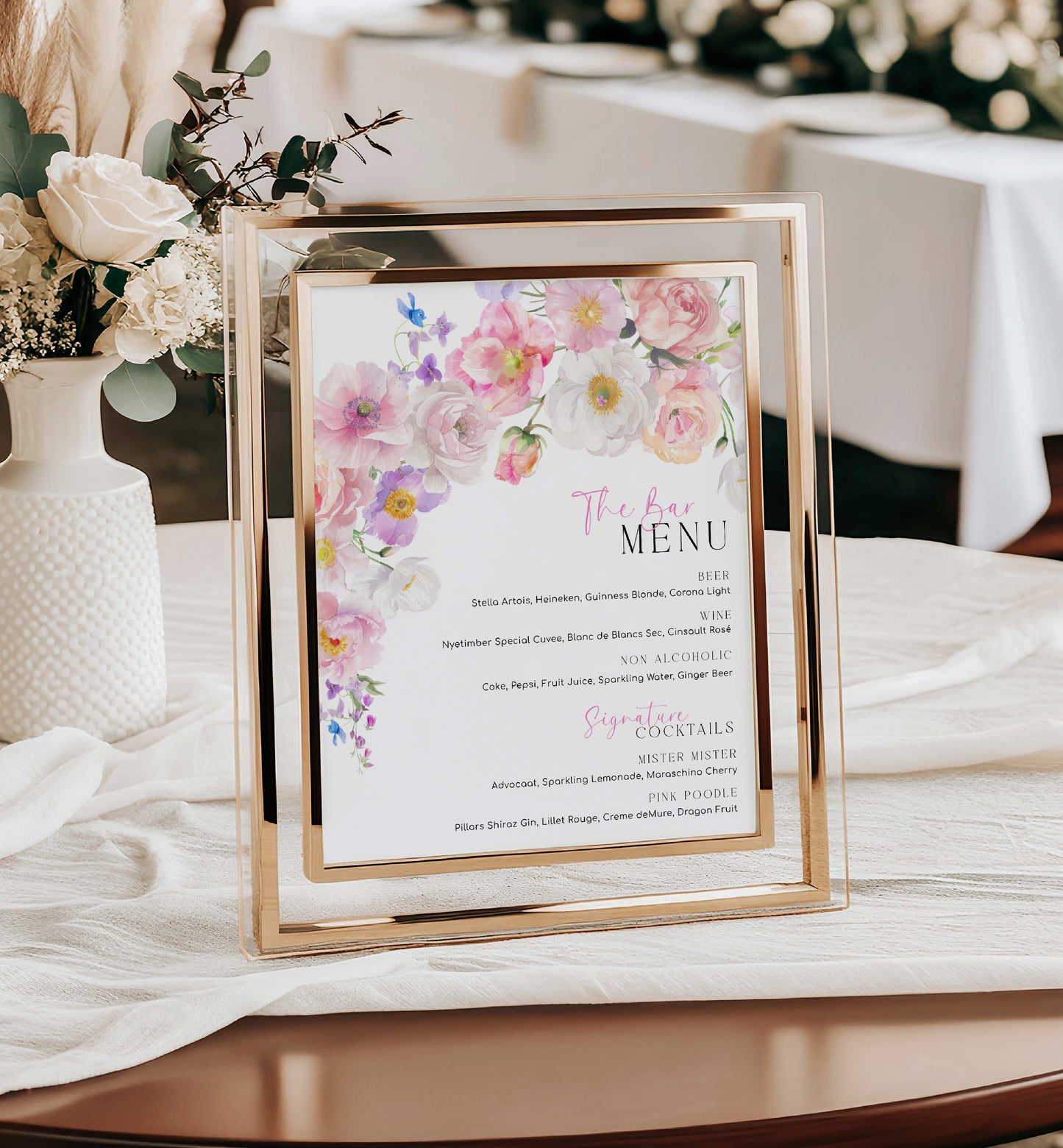 The Bar Menu Sign, Printable Wedding Bar Menu Template, Hot Pink Wildflower Bar Menu, Floral Bridal Shower Drinks Menu, Baby Shower, Eloise