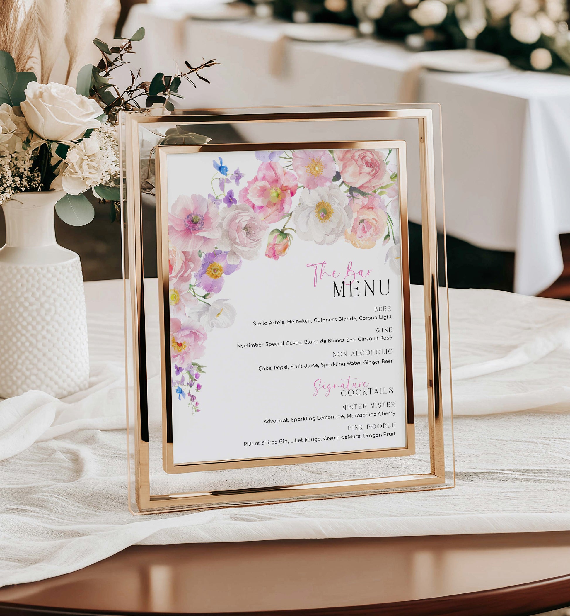 The Bar Menu Sign, Printable Wedding Bar Menu Template, Hot Pink Wildflower Bar Menu, Floral Bridal Shower Drinks Menu, Baby Shower, Eloise