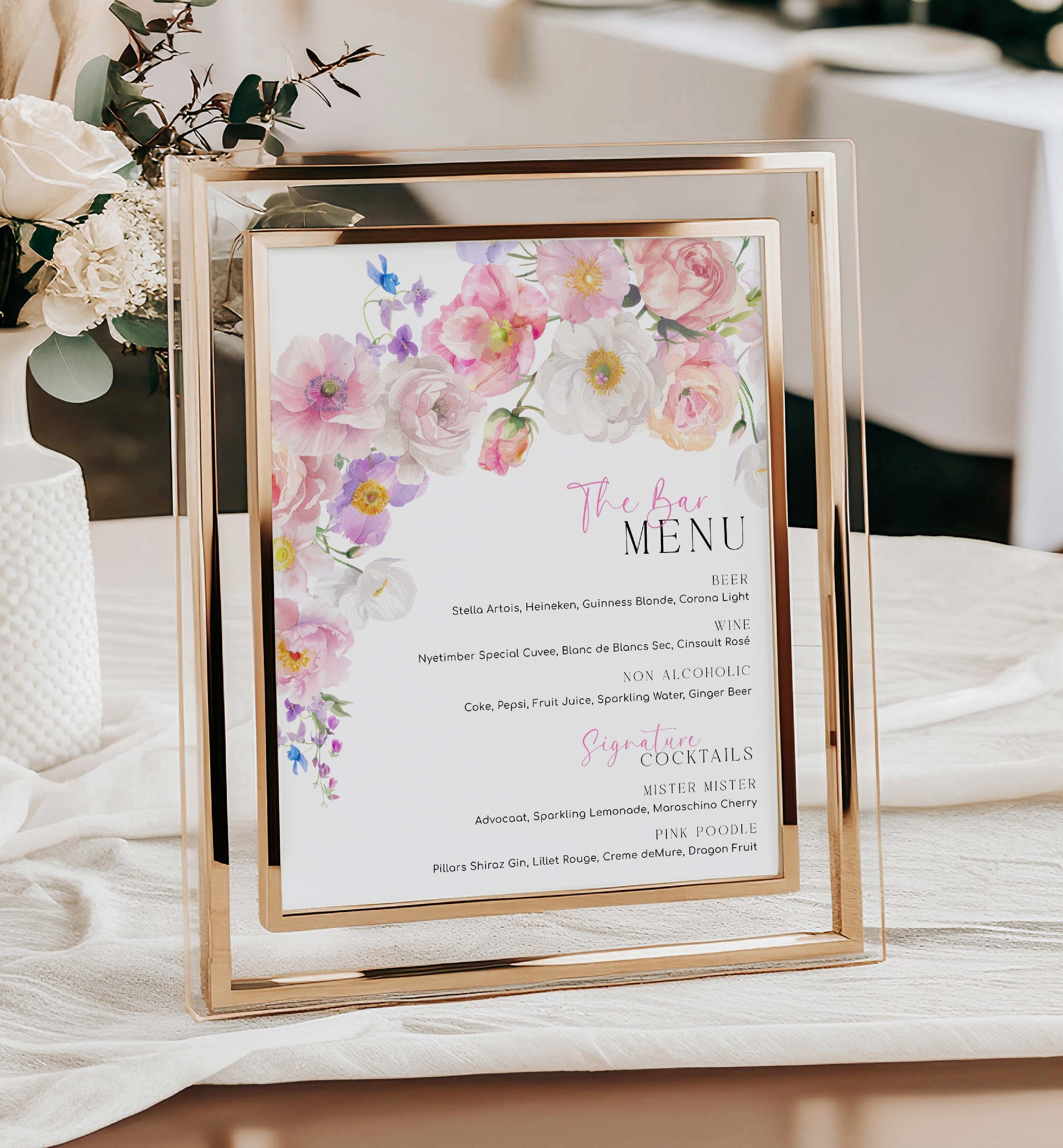 The Bar Menu Sign, Printable Wedding Bar Menu Template, Hot Pink Wildflower Bar Menu, Floral Bridal Shower Drinks Menu, Baby Shower, Eloise
