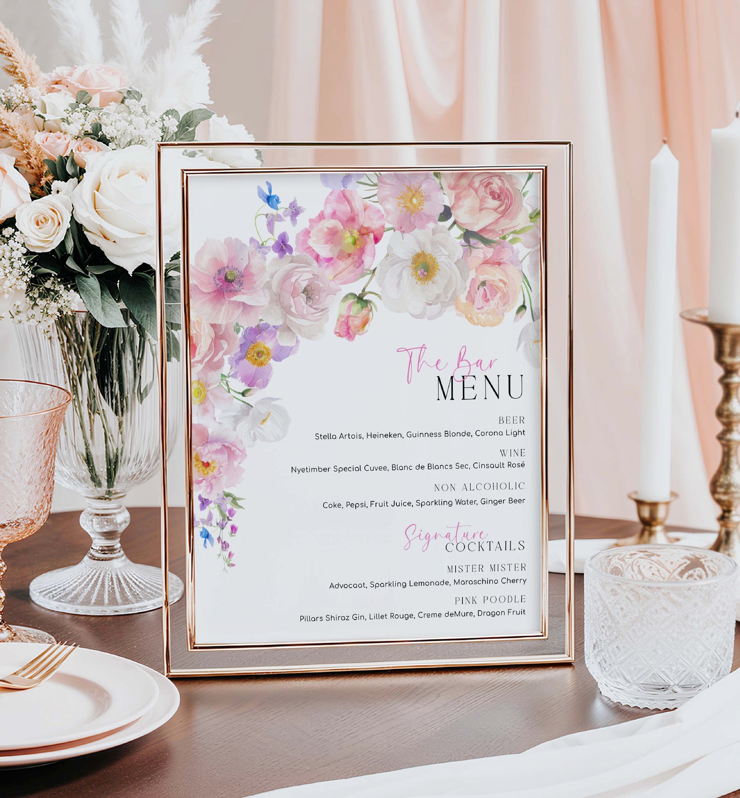 The Bar Menu Sign, Printable Wedding Bar Menu Template, Hot Pink Wildflower Bar Menu, Floral Bridal Shower Drinks Menu, Baby Shower, Eloise