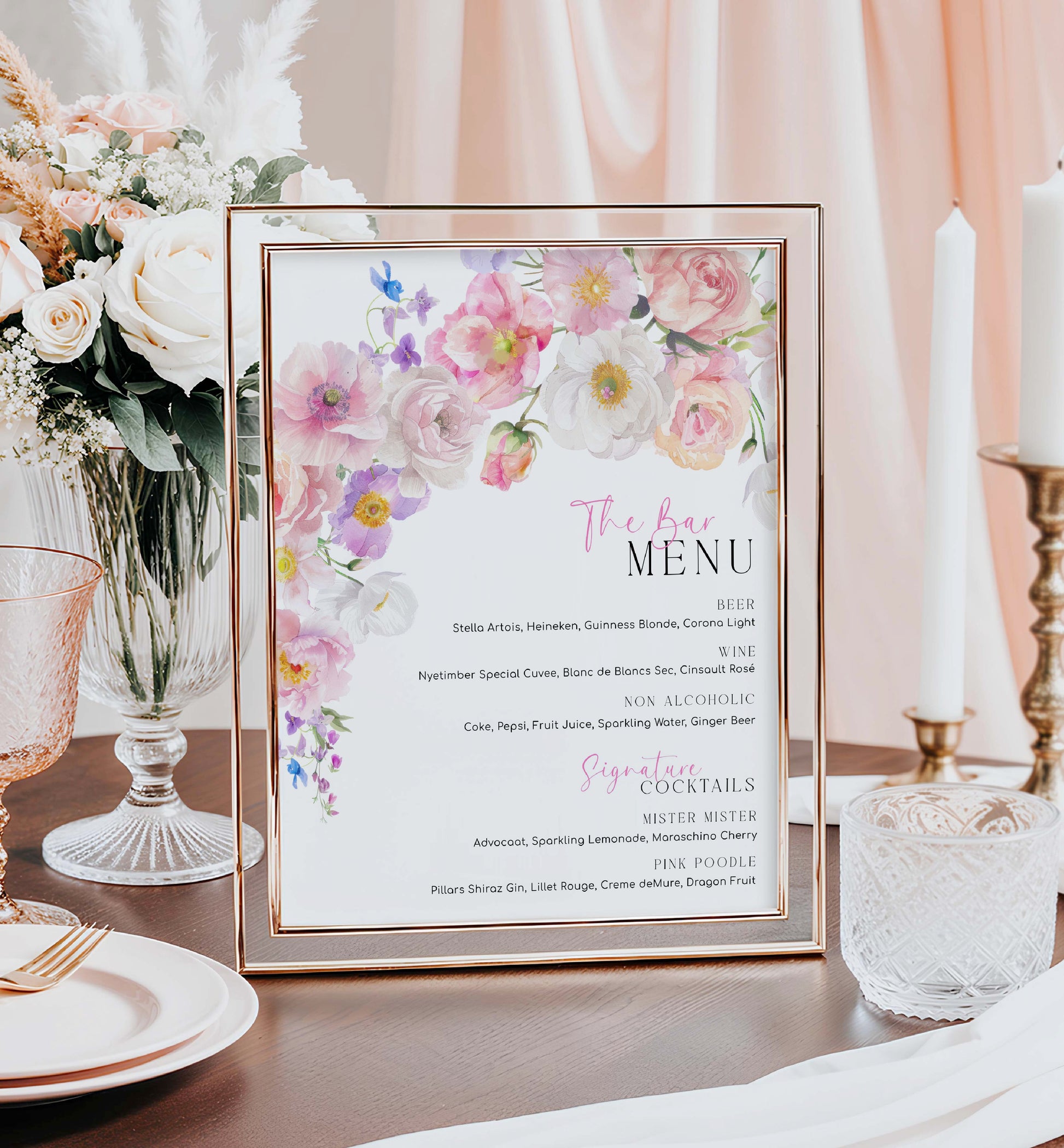 The Bar Menu Sign, Printable Wedding Bar Menu Template, Hot Pink Wildflower Bar Menu, Floral Bridal Shower Drinks Menu, Baby Shower, Eloise