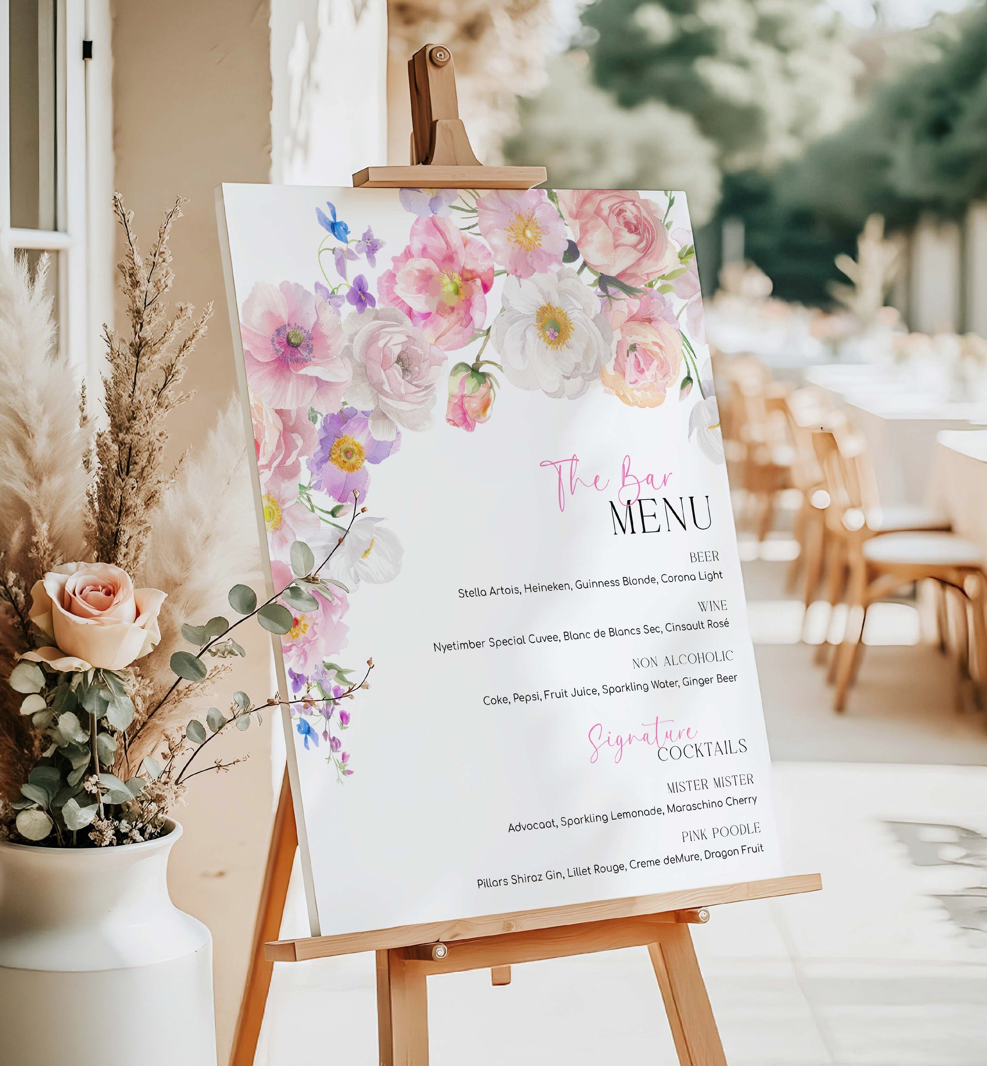 The Bar Menu Sign, Printable Wedding Bar Menu Template, Hot Pink Wildflower Bar Menu, Floral Bridal Shower Drinks Menu, Baby Shower, Eloise