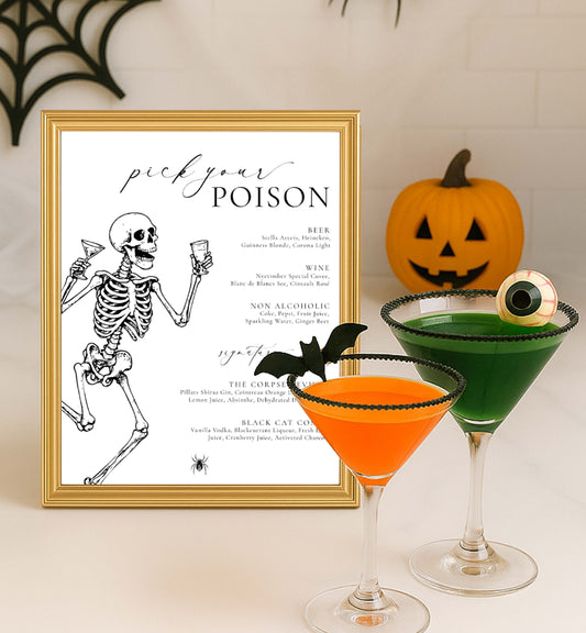 Halloween-themed cocktail menu with skeleton illustration, two cocktails, and a pumpkin decoration. Printable Pick Your Poison Bar Menu, Halloween Drinks Menu, Halloween Costume Cocktail Menu, Skeletons, Adults Halloween Party