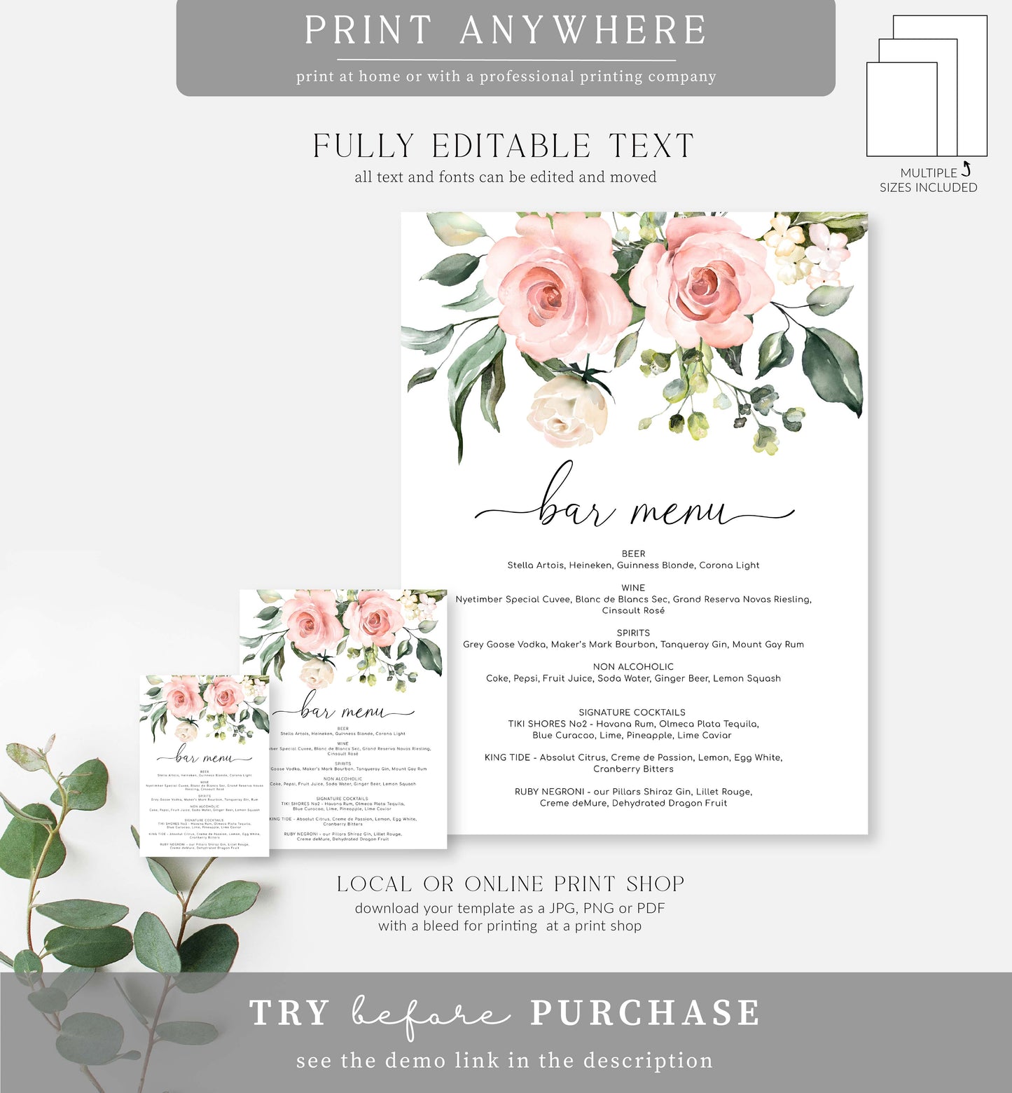 Darcy Floral Pink | Printable Bar Menu Sign Template