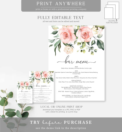 Darcy Floral Pink | Printable Bar Menu Sign Template