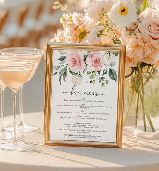 Decorative table setting with floral arrangement, bar menu, and cocktails. Printable Bar Menu Sign, Blush Floral Wedding Drinks Menu Sign, Bridal Shower Drinks Menu Sign, Baby Shower Drinks Sign, Darcy Floral Pink