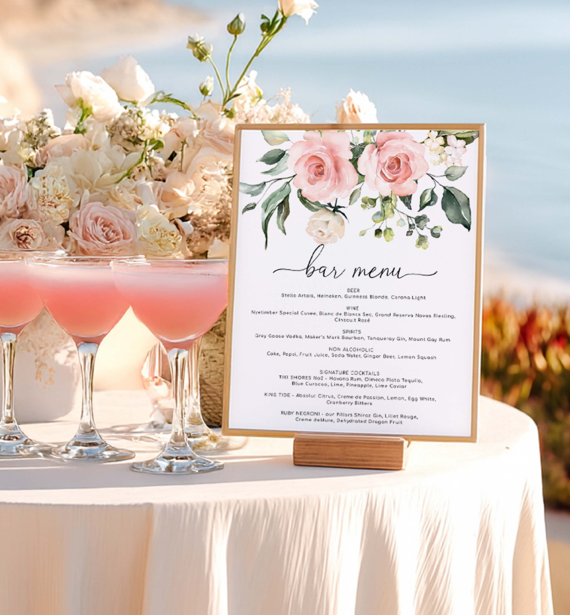 Bar menu sign with floral design on a table with cocktails and flowers. Printable Bar Menu Sign, Blush Floral Wedding Drinks Menu Sign, Bridal Shower Drinks Menu Sign, Baby Shower Drinks Sign, Darcy Floral Pink