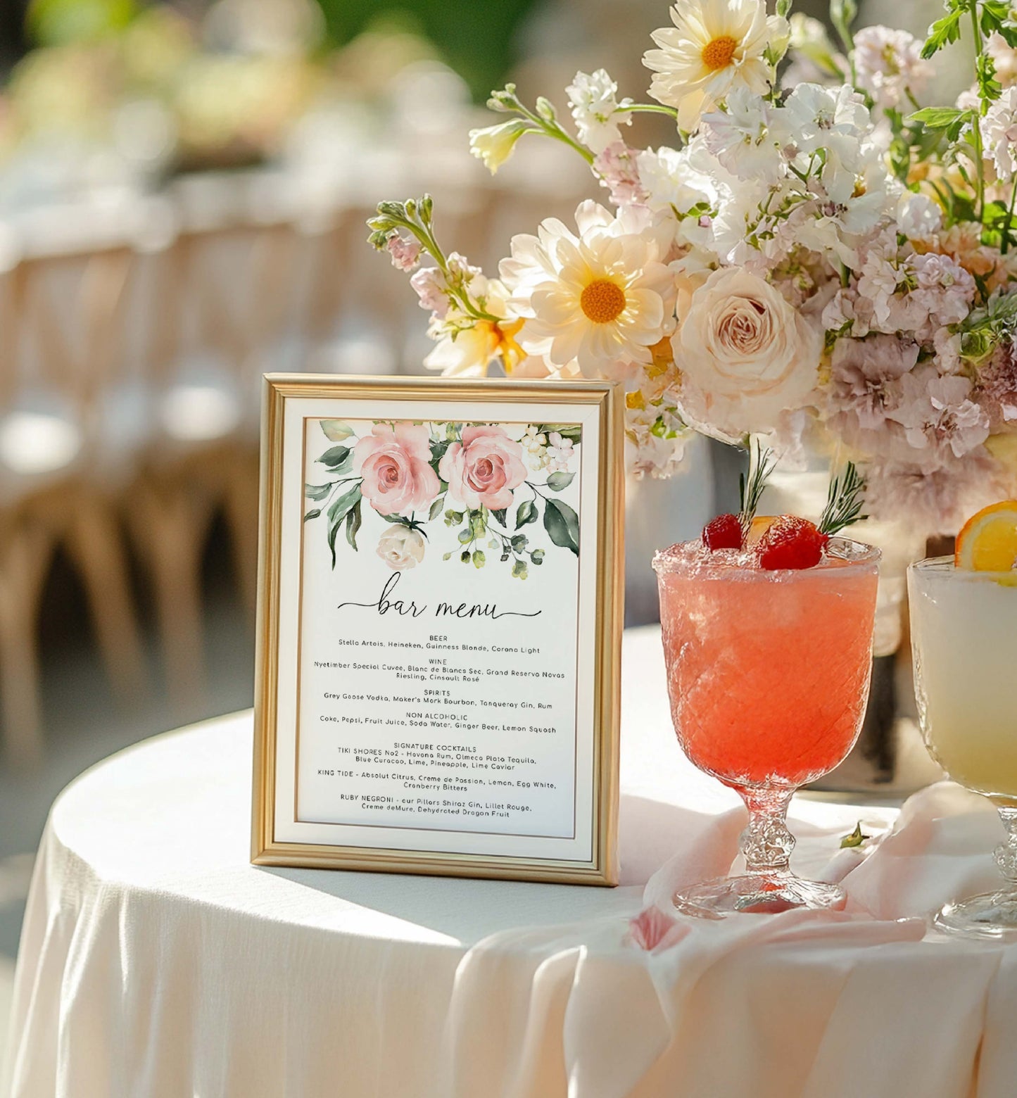 Decorative table setting with a floral menu card and cocktails. Printable Bar Menu Sign, Blush Floral Wedding Drinks Menu Sign, Bridal Shower Drinks Menu Sign, Baby Shower Drinks Sign, Darcy Floral Pink