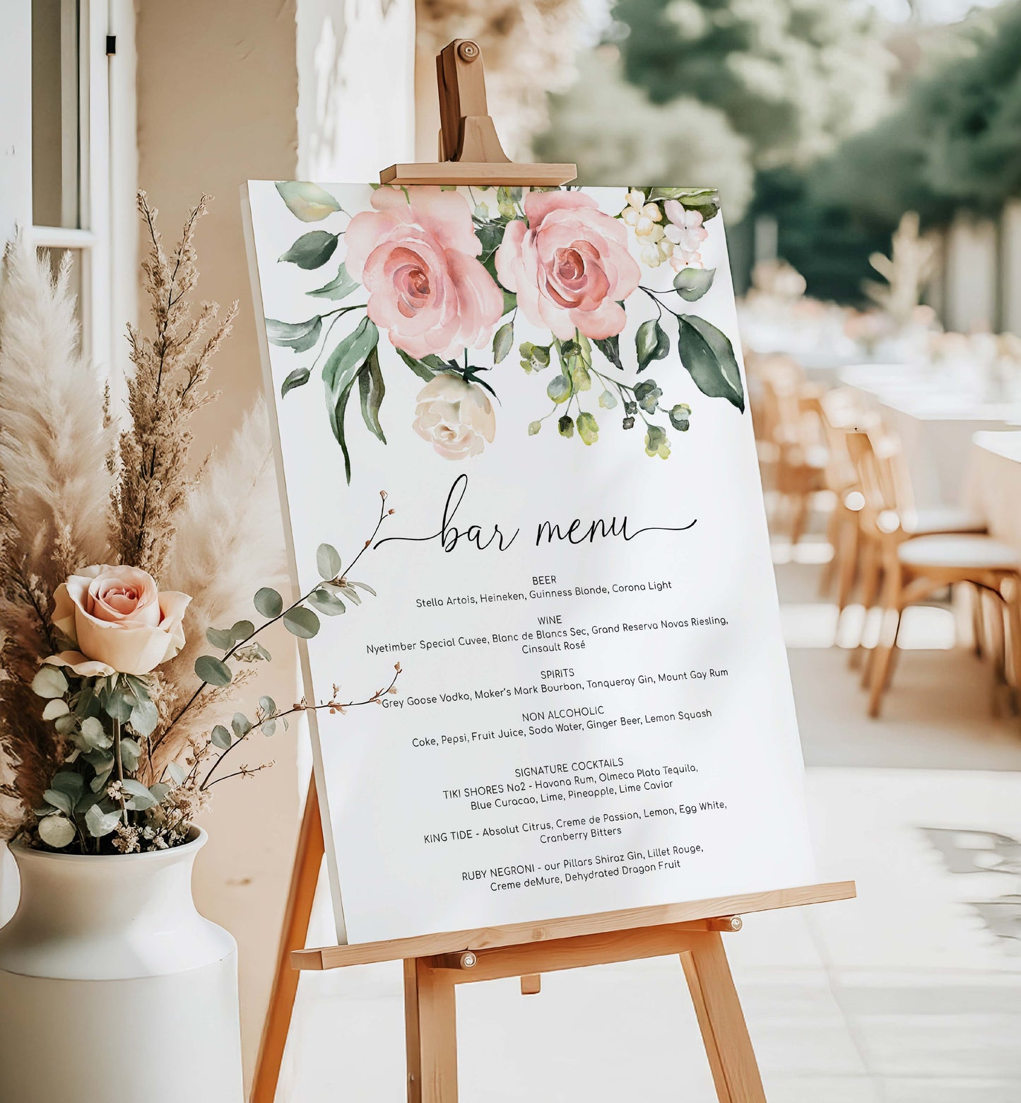 Decorative bar menu with floral design on an easel at a wedding reception. Printable Bar Menu Sign, Blush Floral Wedding Drinks Menu Sign, Bridal Shower Drinks Menu Sign, Baby Shower Drinks Sign, Darcy Floral Pink