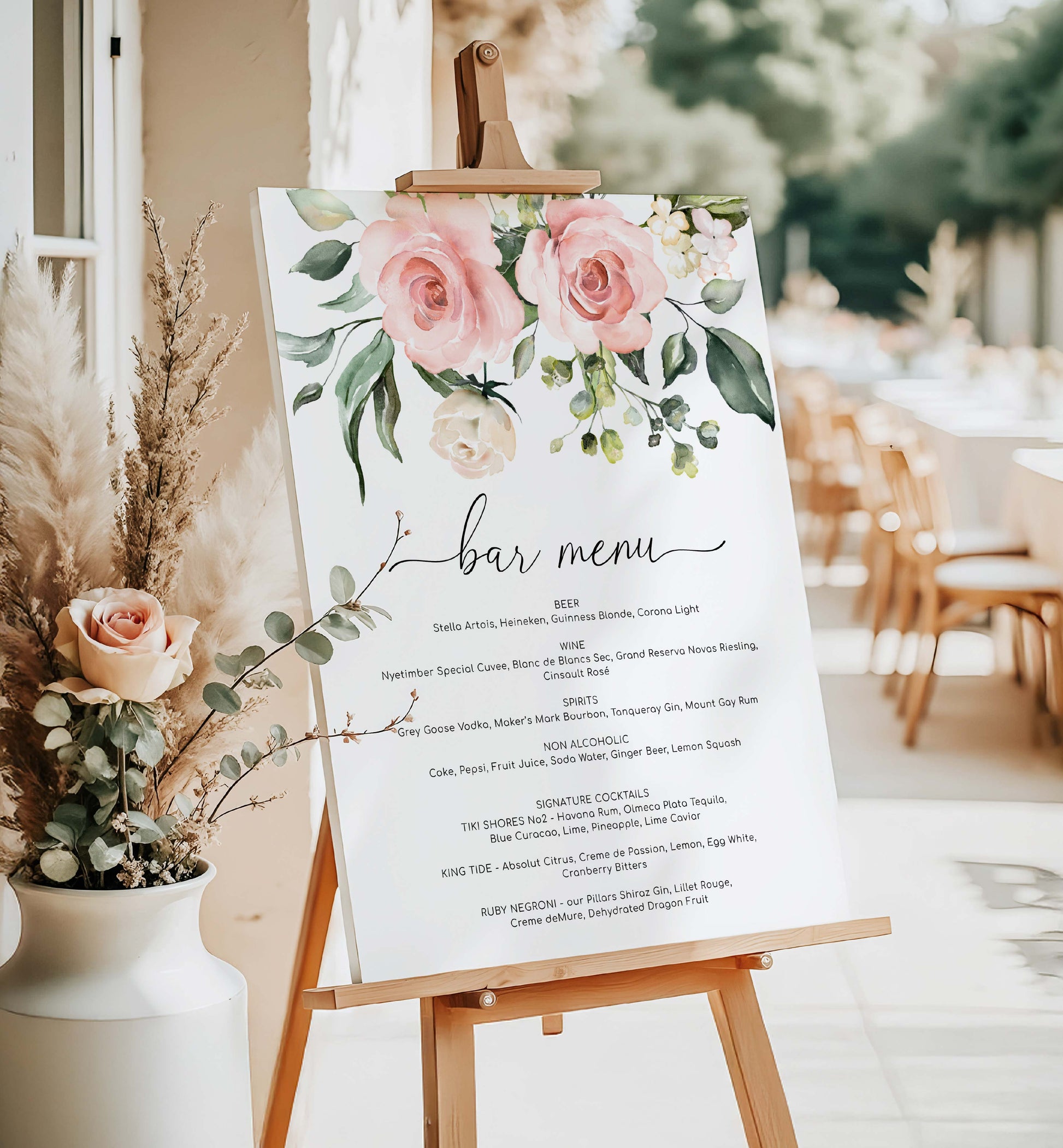 Decorative bar menu with floral design on an easel at a wedding reception. Printable Bar Menu Sign, Blush Floral Wedding Drinks Menu Sign, Bridal Shower Drinks Menu Sign, Baby Shower Drinks Sign, Darcy Floral Pink