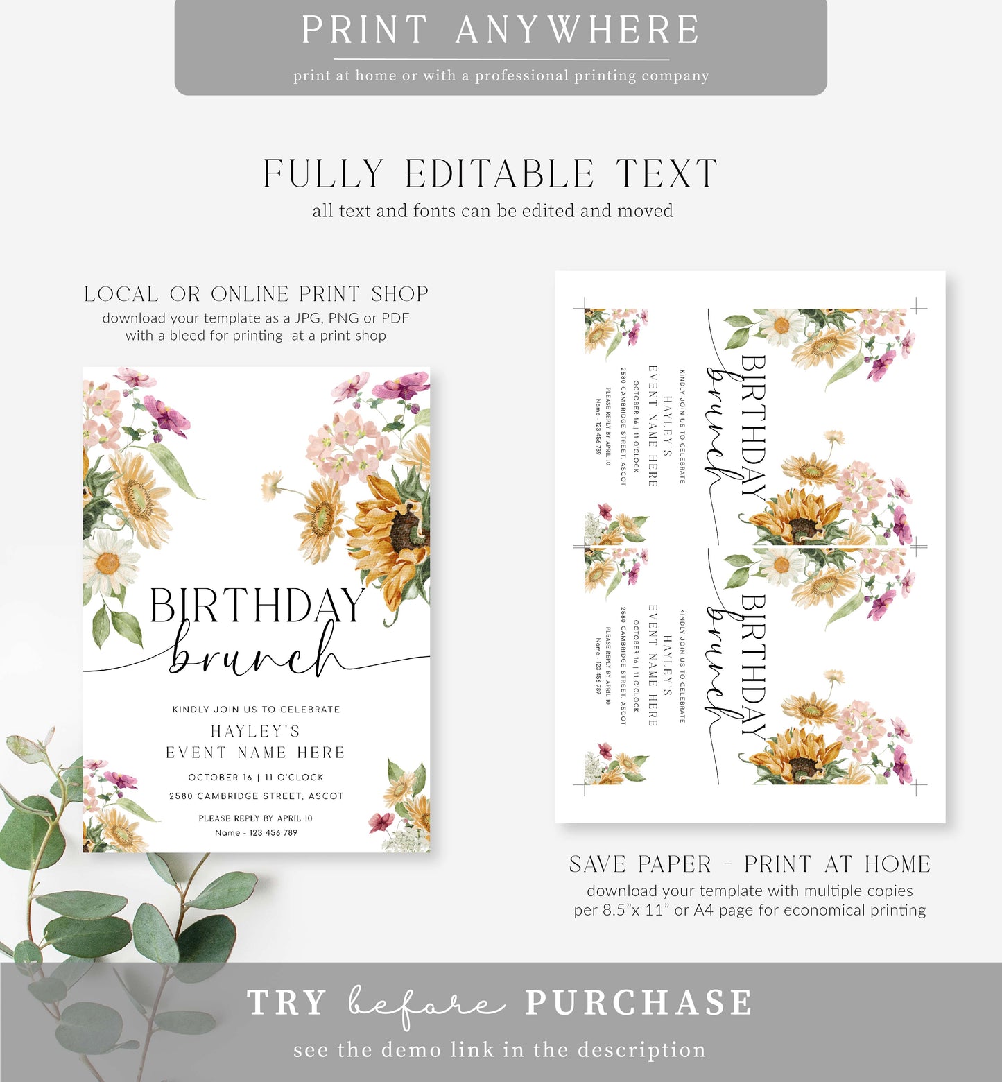 Mews Floral White | Printable Birthday Brunch Invitation Template