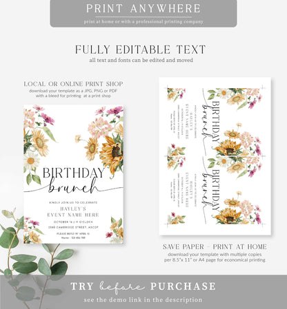 Mews Floral White | Printable Birthday Brunch Invitation Template