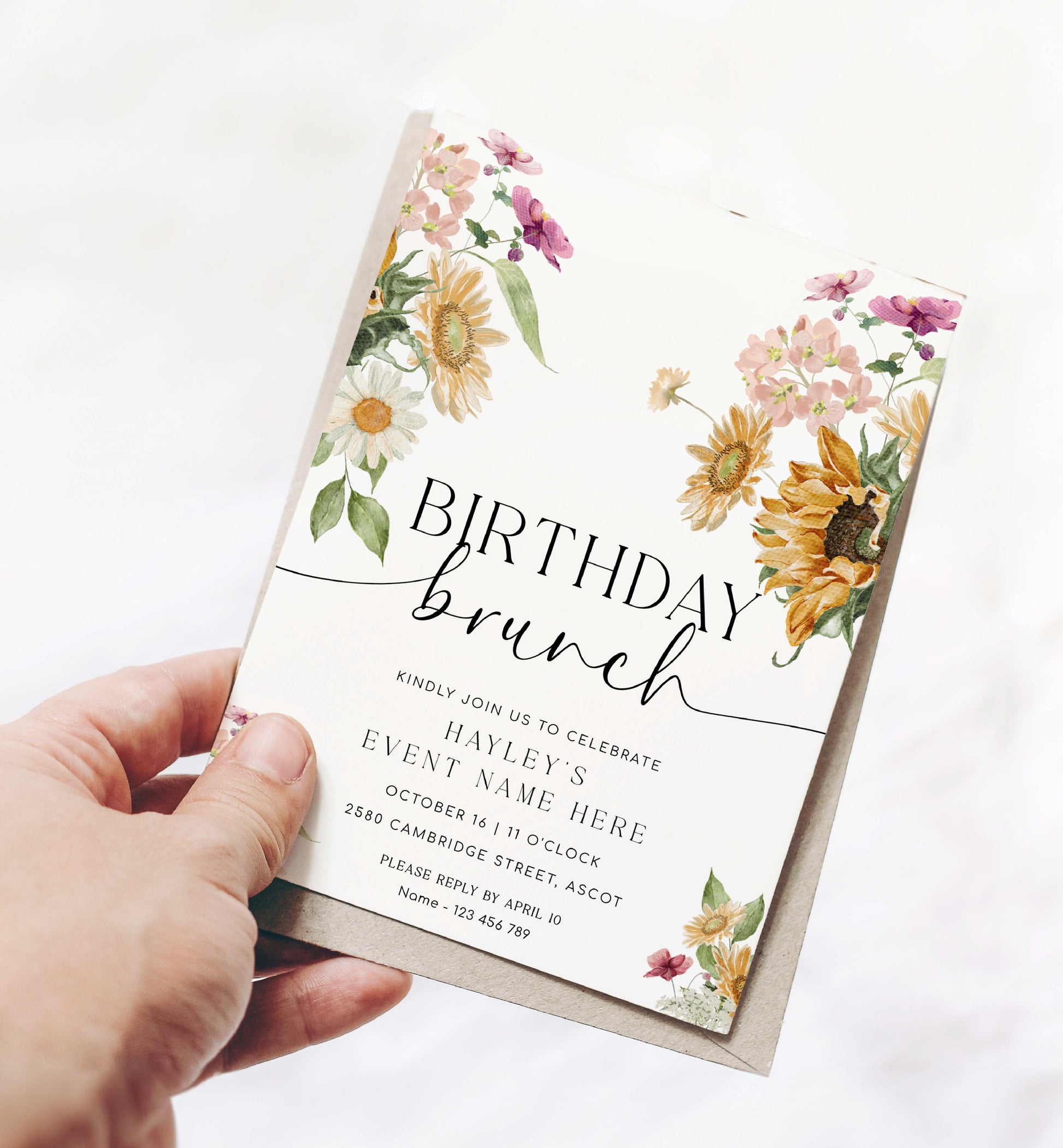 Printable Birthday Brunch Invitation, Sunflower Fall Floral Birthday Lunch Invite, Autumn Girls Birthday Invite, Birthday Party Evite, Mews