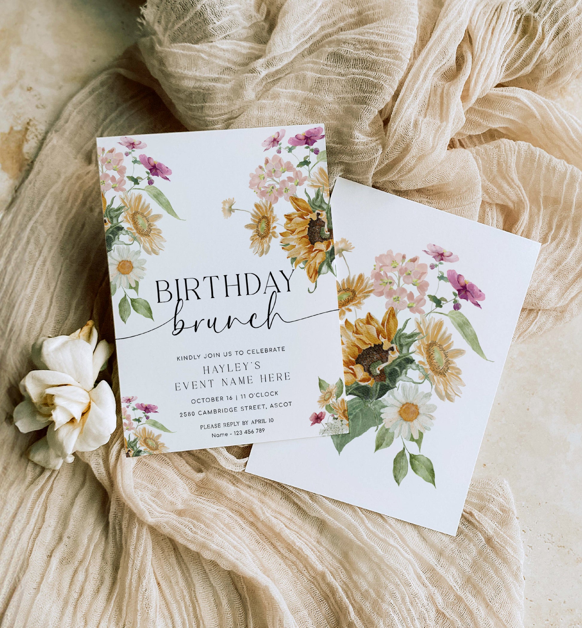 Printable Birthday Brunch Invitation, Sunflower Fall Floral Birthday Lunch Invite, Autumn Girls Birthday Invite, Birthday Party Evite, Mews