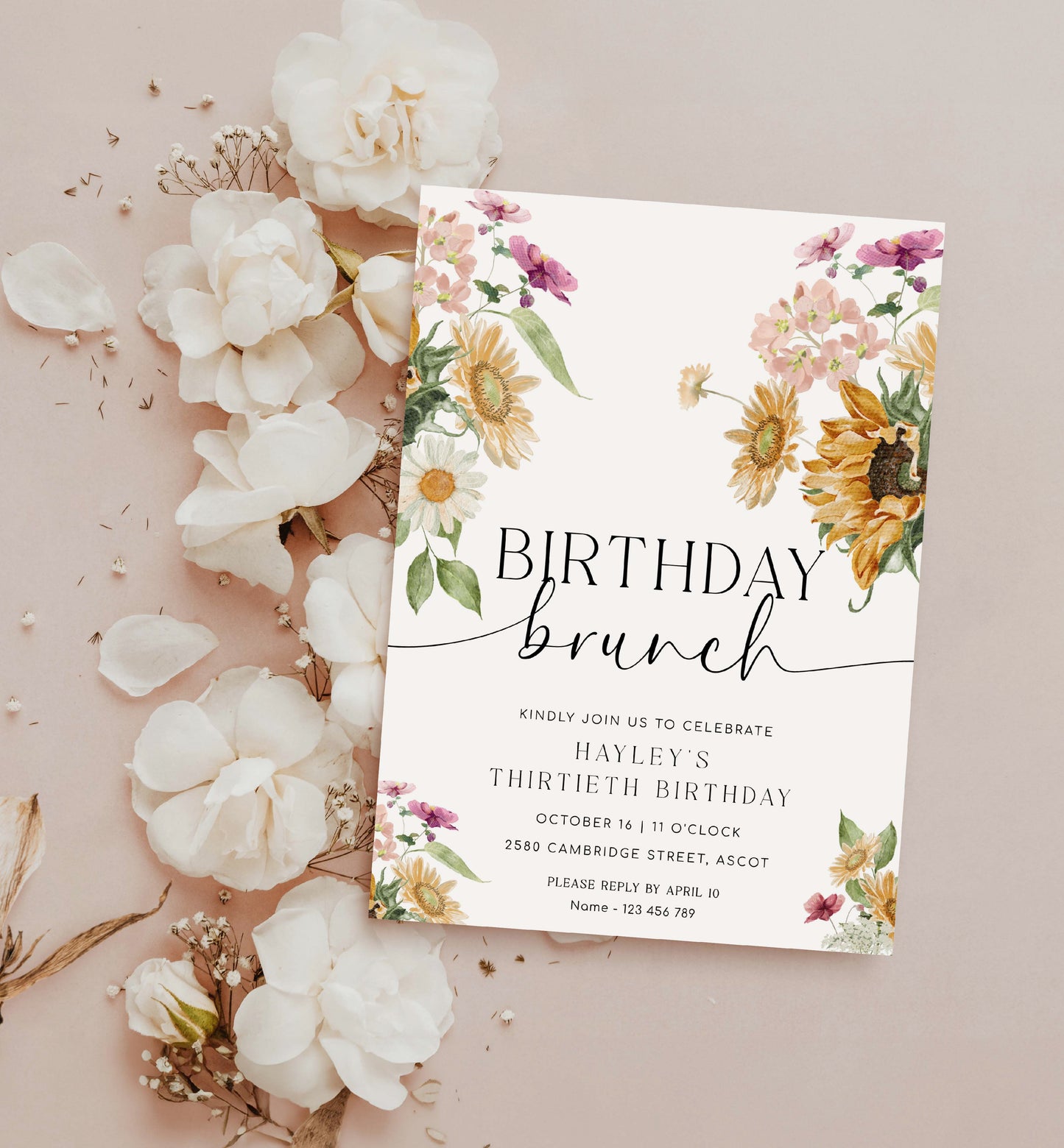 Printable Birthday Brunch Invitation, Sunflower Fall Floral Birthday Lunch Invite, Autumn Girls Birthday Invite, Birthday Party Evite, Mews