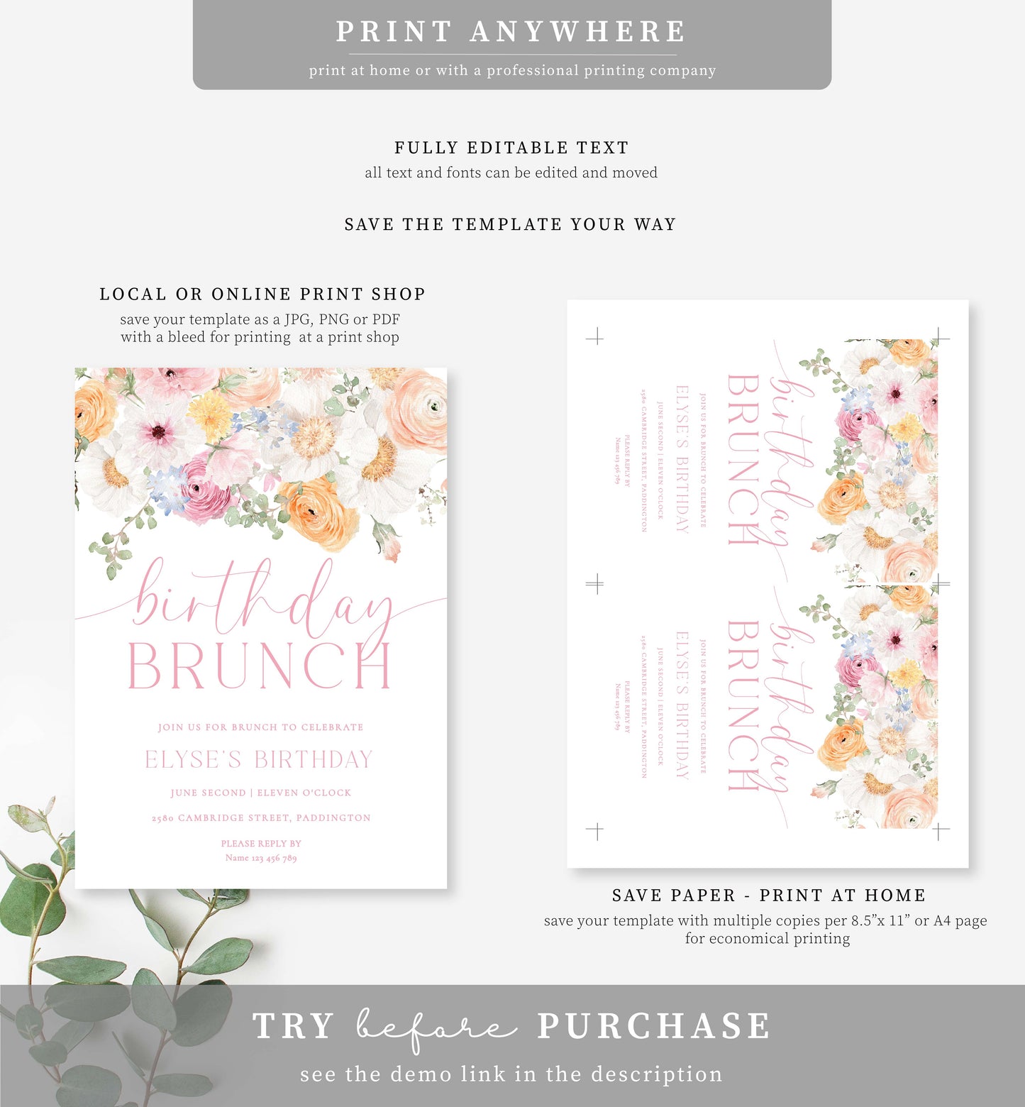 Millie Floral White | Printable Birthday Brunch Invitation Template