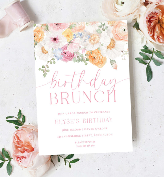 Printable Birthday Brunch Invitation, Girls Birthday Party Invite, Pink Spring Floral Birthday Lunch Invite, Birthday Party Evite, Millie