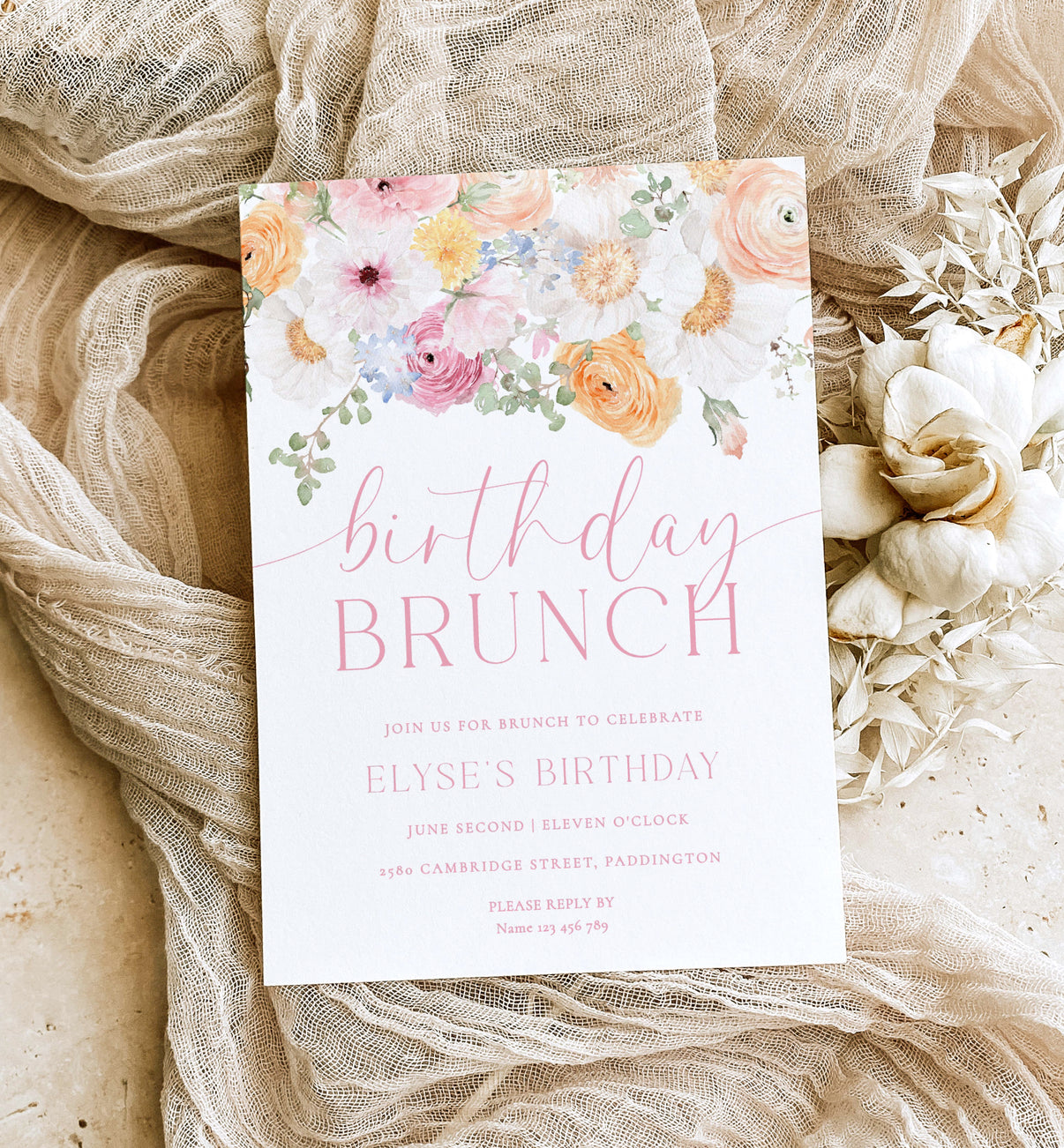 Millie Floral White Printable Birthday Brunch Invitation Template