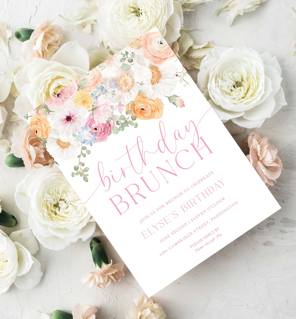 Millie Floral White Printable Birthday Brunch Invitation Template