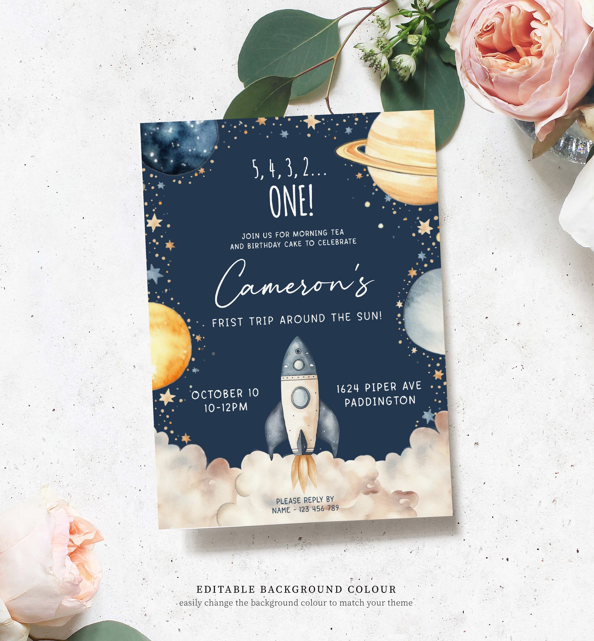 Rocket Ship Outer Space Birthday Party Invitation, Printable First Trip Around The Sun Birthday Party Invite, Boy 1st Birthday Party Invite