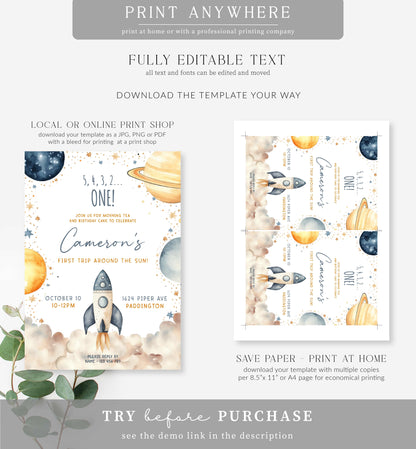 Space White | Printable First Birthday Invitation Template