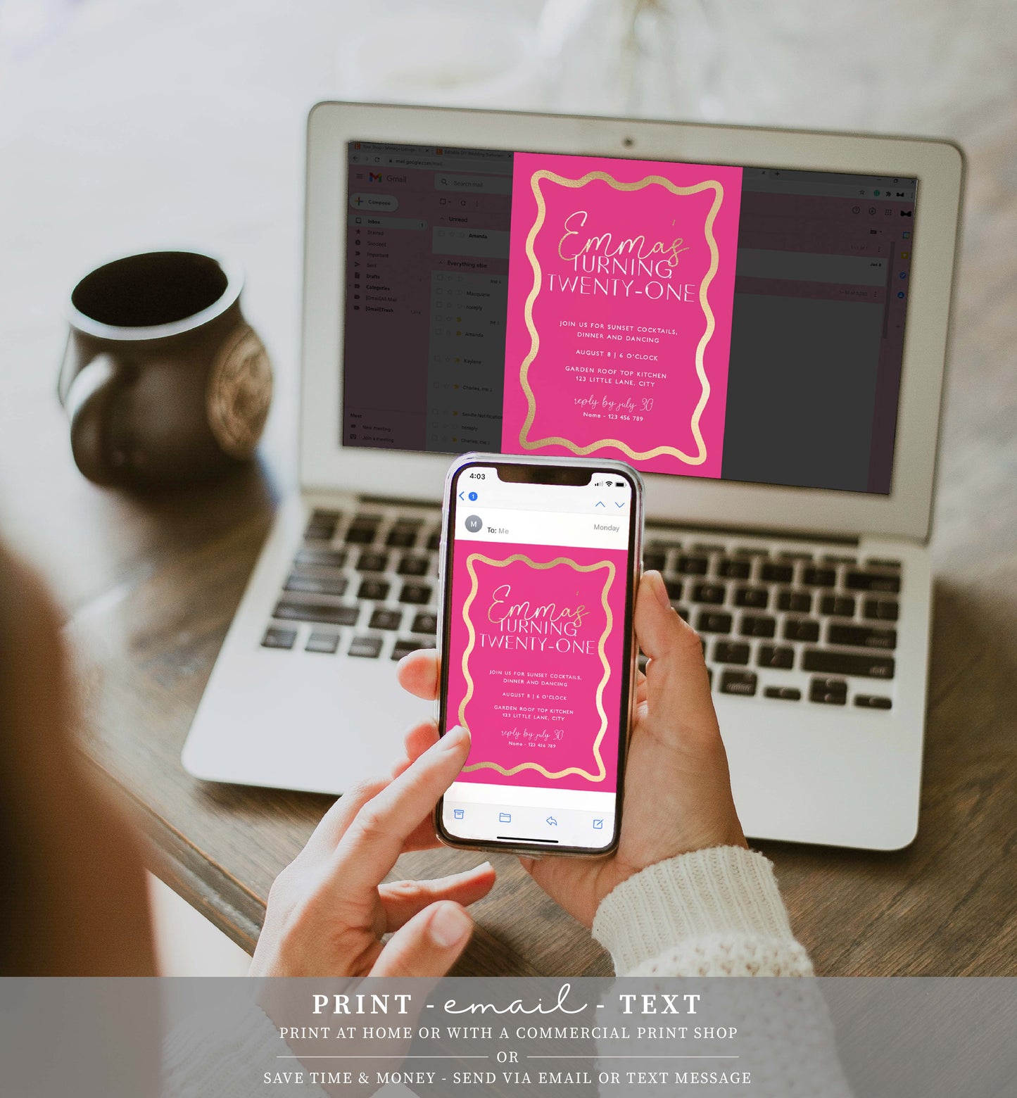 Wave Hot Pink Gold | Printable Birthday Invitation Template
