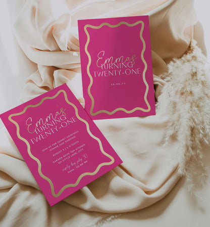 Wave Hot Pink Gold | Printable Birthday Invitation Template