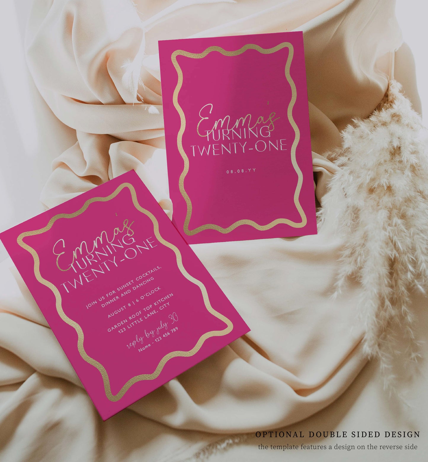 Wave Hot Pink Gold | Printable Birthday Invitation Template