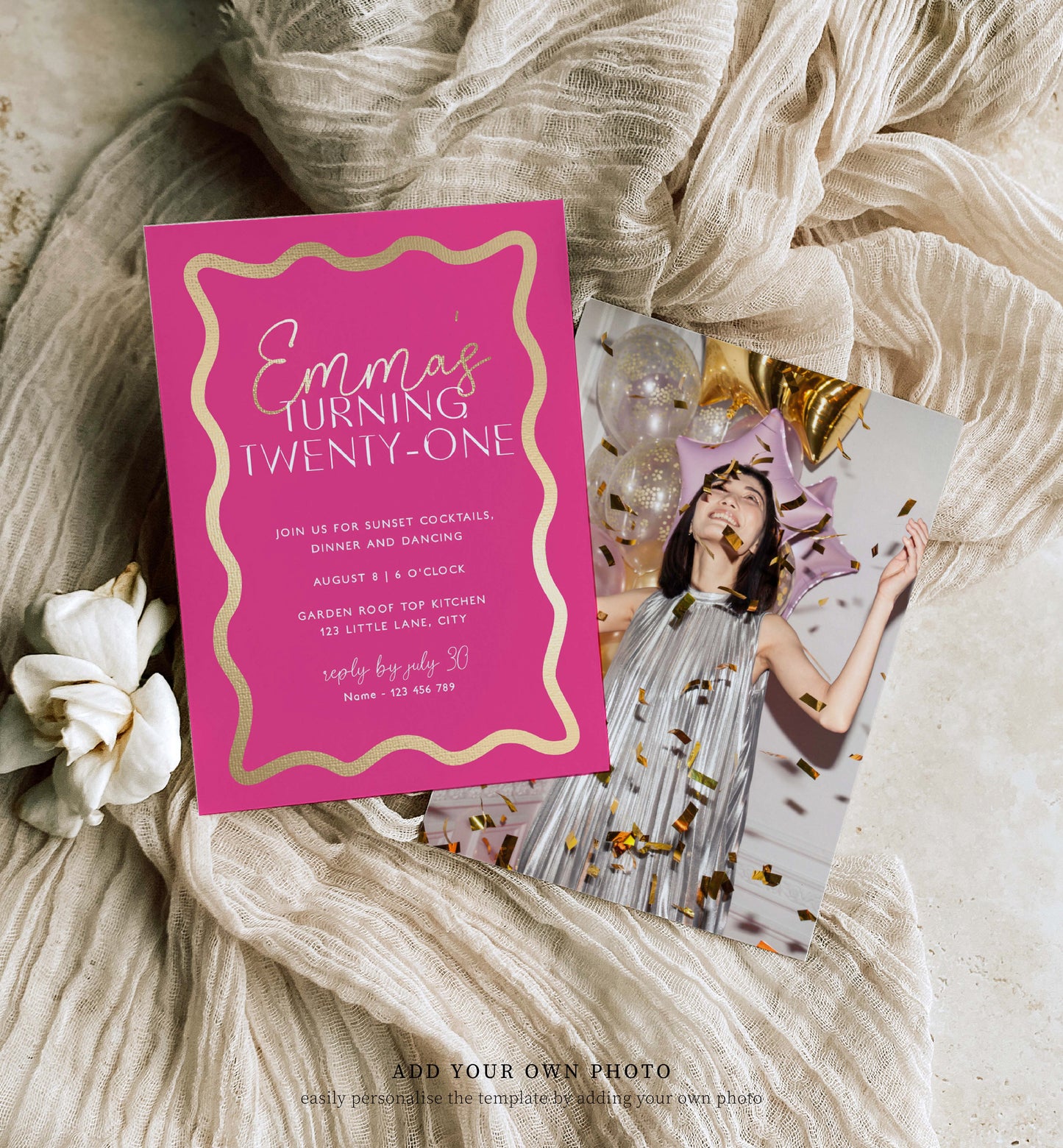 Wave Hot Pink Gold | Printable Birthday Invitation Template