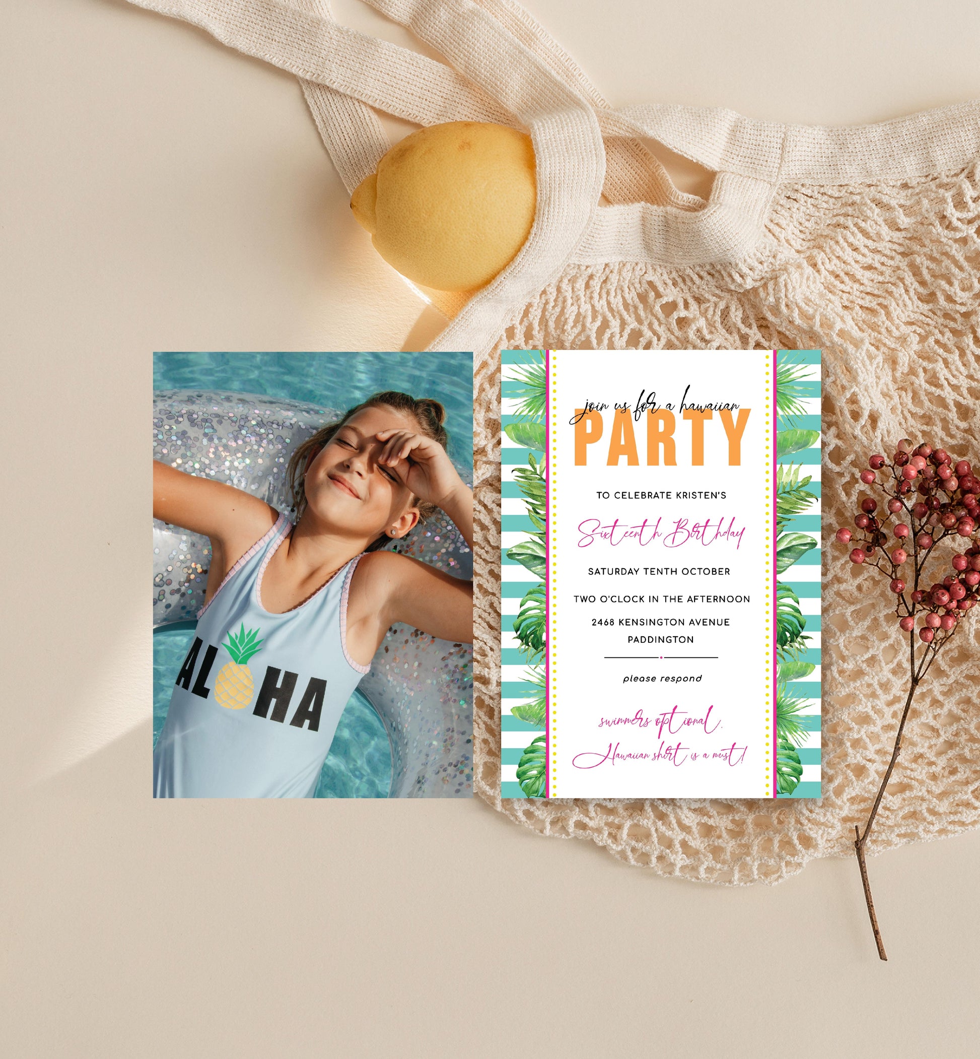 Printable Tropical Birthday Invitation, Editable Hawaiian Party Birthday Invitation, Male Birthday, Tropical Palm Evite, Kids Pool Party
