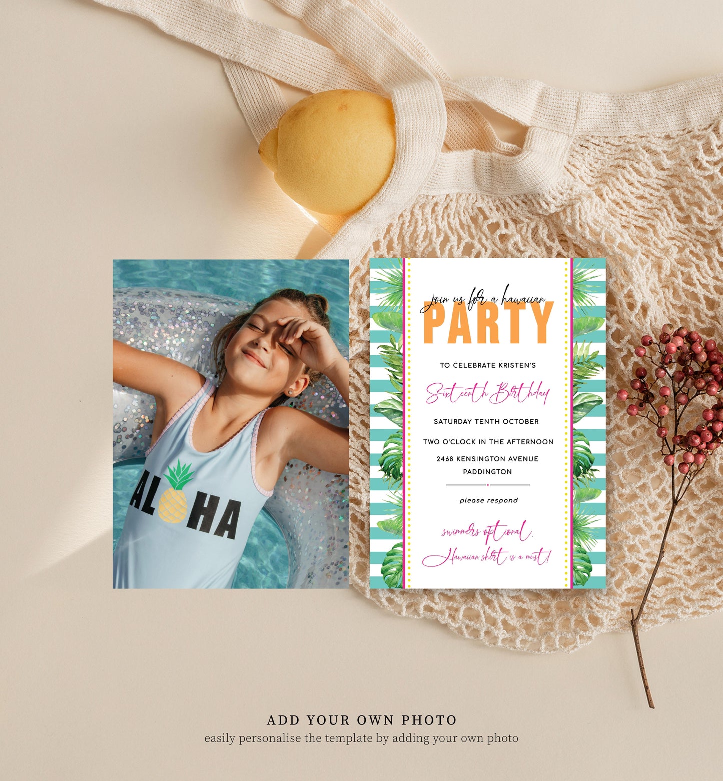 Printable Tropical Birthday Invitation, Editable Hawaiian Party Birthday Invitation, Male Birthday, Tropical Palm Evite, Kids Pool Party