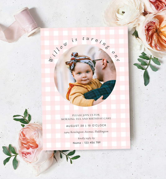 Gingham Pink | Printable Birthday Photo Invitation Template