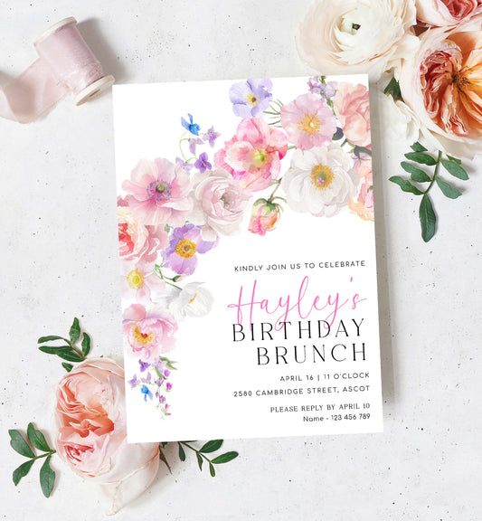 Printable Birthday Brunch Invitation Template, Spring and Summer Wildflowers Birthday Party, Bohemian Boho Floral Birthday Dinner, Eloise