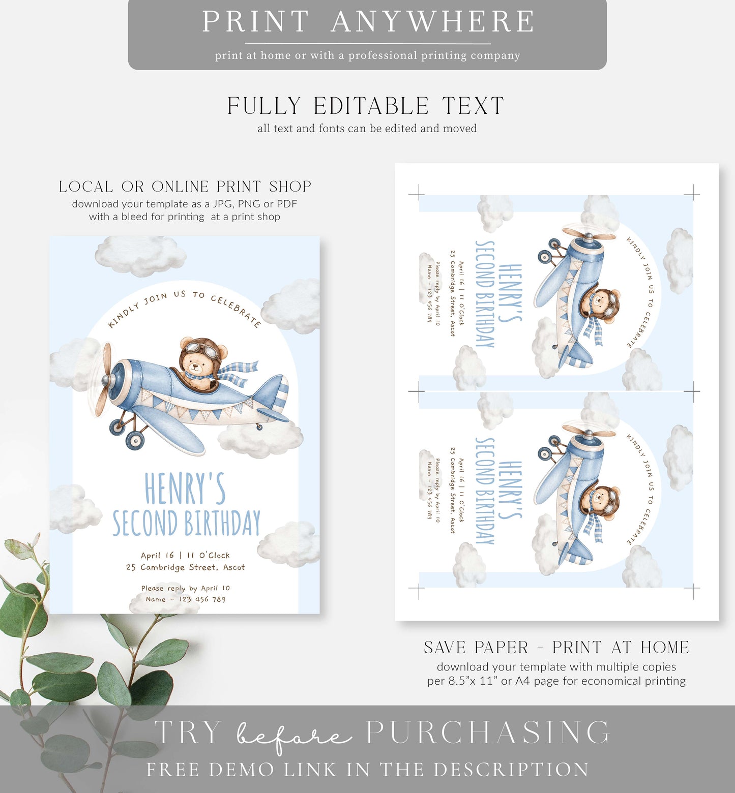 Bear Plane Blue | Printable Birthday Invitation Template