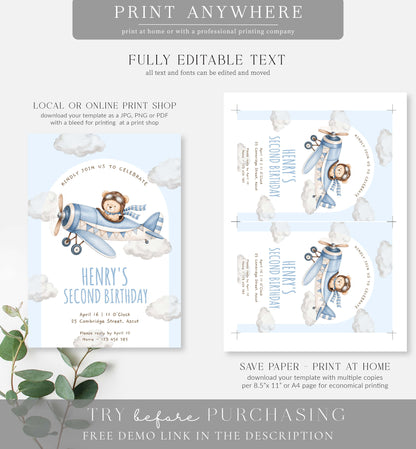 Bear Plane Blue | Printable Birthday Invitation Template