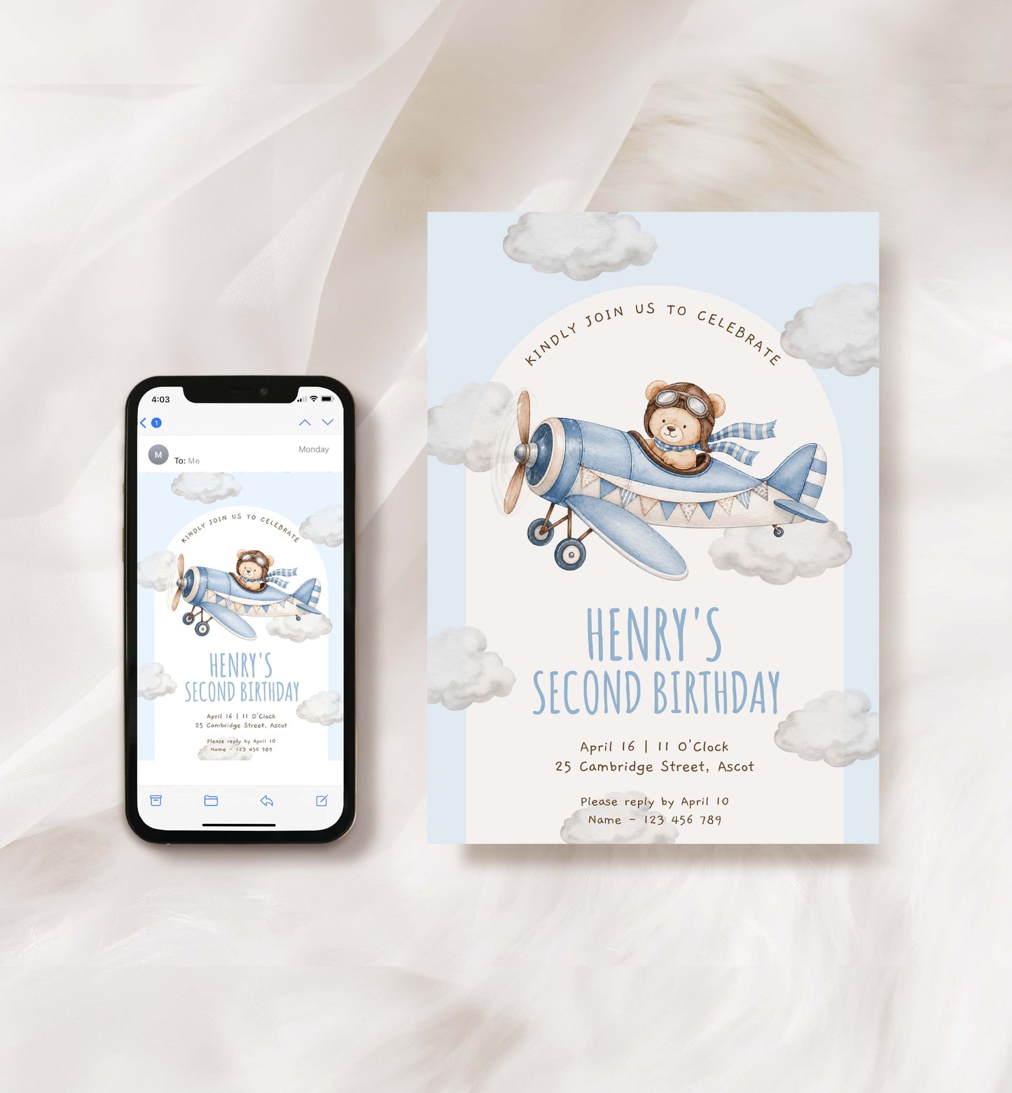 Birthday invitation card with airplane and teddy bear design, displayed on a phone screen and physical card. Teddy Bear Aeroplane 2nd Birthday Invitation Template (Printable) Plane Blue