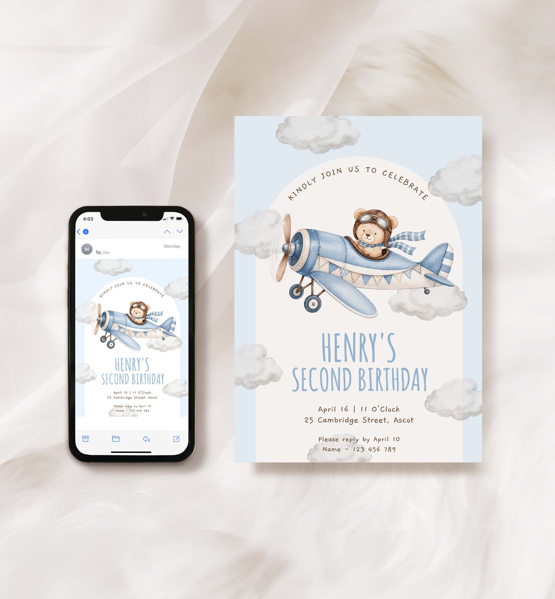 Birthday invitation card with airplane and teddy bear design, displayed on a phone screen and physical card. Teddy Bear Aeroplane 2nd Birthday Invitation Template (Printable) Plane Blue