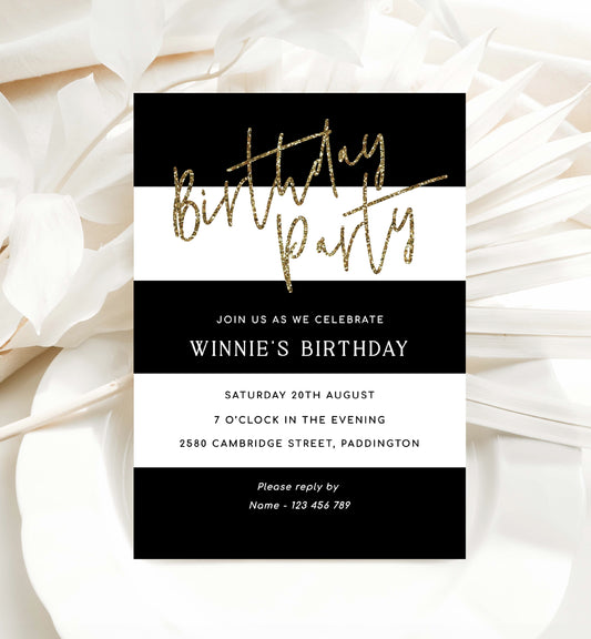 Printable Birthday Party Invitation, Black White Stripe, Girl Birthday Party Invite, Male Birthday Party Invitation, Gold Glitter