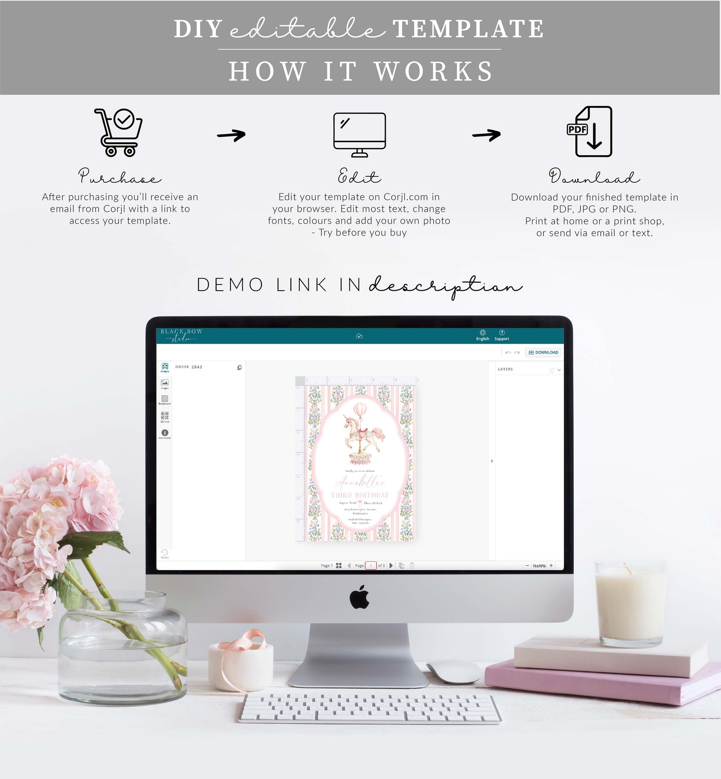 Carousel Pink | Printable Birthday Invitation Template