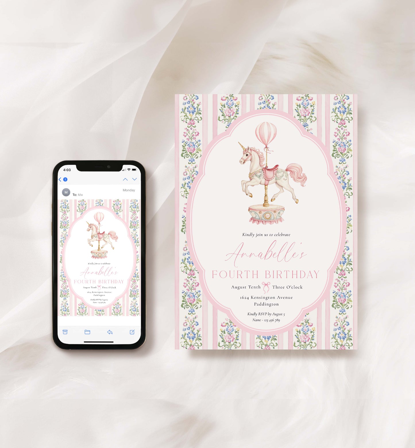 Pink birthday invitation with unicorn design next to a smartphone displaying the same design. Carousel Horse Birthday Party Invitation, Printable Birthday Invite, Girl Any Age Birthday, Whimsical Pink Vintage Circus Horse