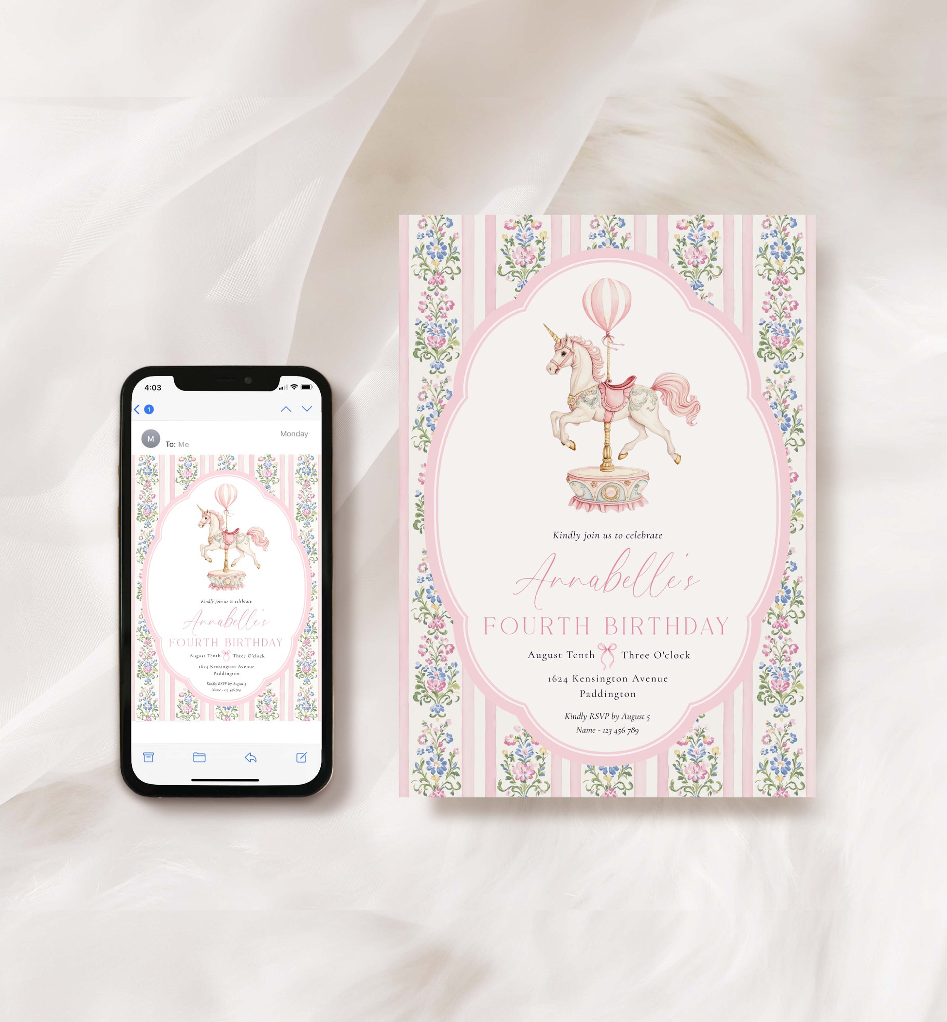 Pink birthday invitation with unicorn design next to a smartphone displaying the same design. Carousel Horse Birthday Party Invitation, Printable Birthday Invite, Girl Any Age Birthday, Whimsical Pink Vintage Circus Horse