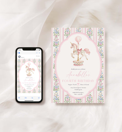 Pink birthday invitation with unicorn design next to a smartphone displaying the same design. Carousel Horse Birthday Party Invitation, Printable Birthday Invite, Girl Any Age Birthday, Whimsical Pink Vintage Circus Horse