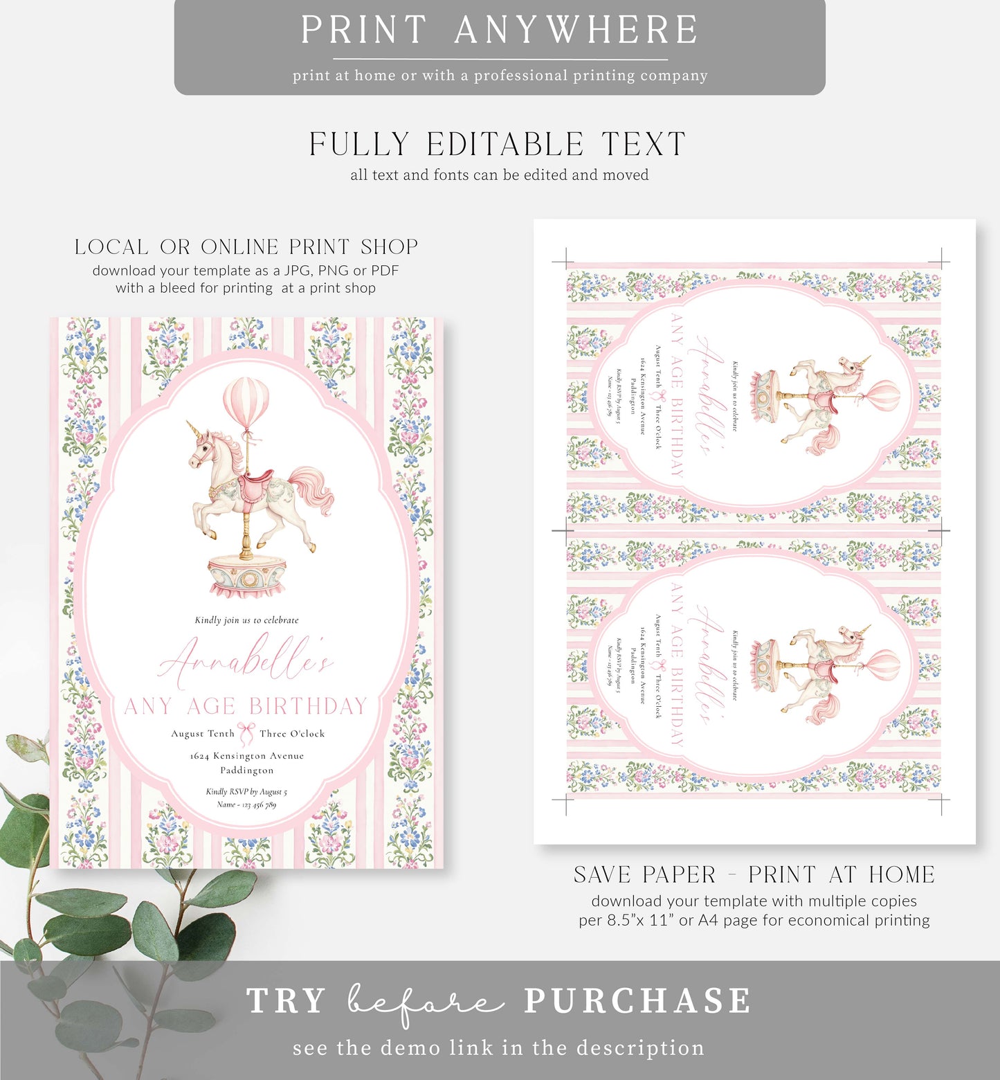 Carousel Pink | Printable Birthday Invitation Template