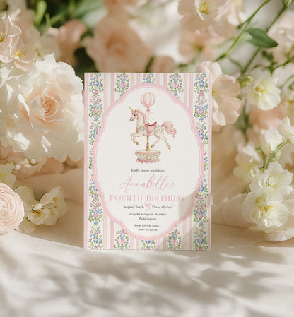Invitation card with carousel design surrounded by flowers. Carousel Horse Birthday Party Invitation, Printable Birthday Invite, Girl Any Age Birthday, Whimsical Pink Vintage Circus Horse