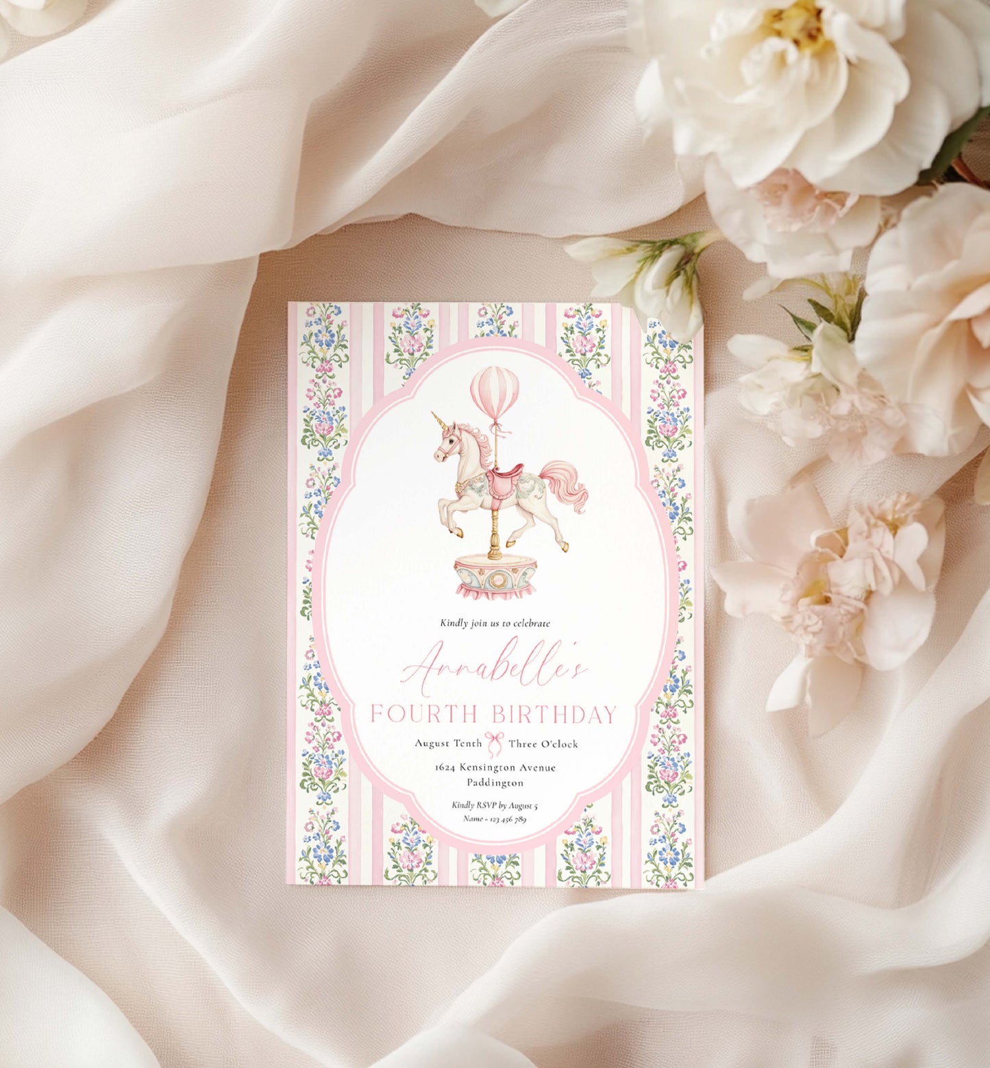 Invitation card for a birthday party with floral design on a soft fabric background. Carousel Horse Birthday Party Invitation, Printable Birthday Invite, Girl Any Age Birthday, Whimsical Pink Vintage Circus Horse