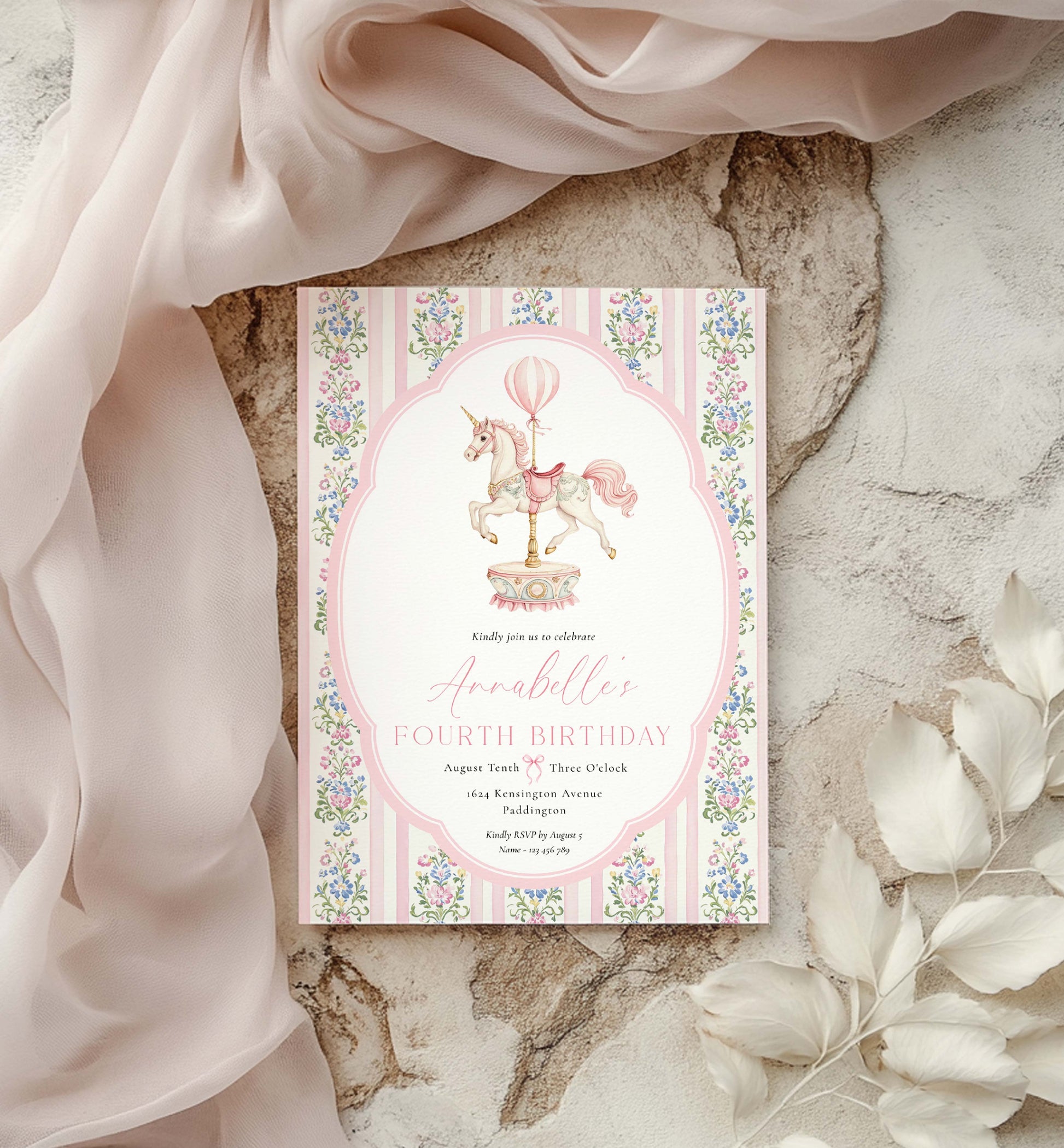Invitation card with carousel design on a marble surface with fabric and leaves. Carousel Horse Birthday Party Invitation, Printable Birthday Invite, Girl Any Age Birthday, Whimsical Pink Vintage Circus Horse