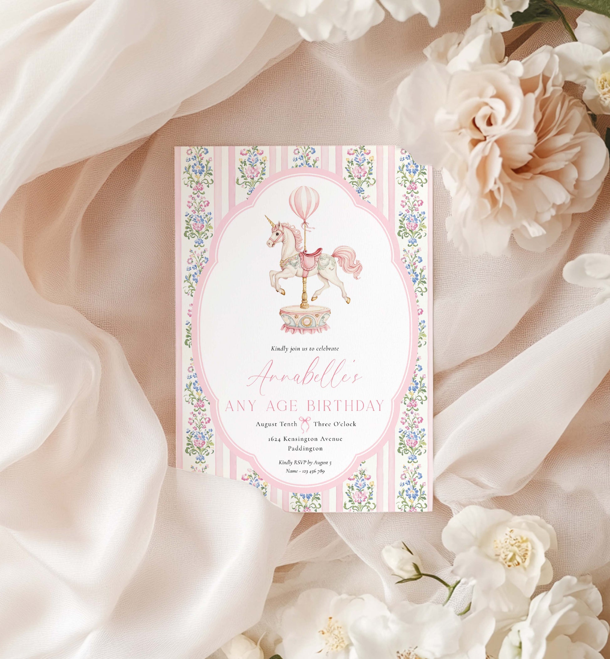 Invitation card with carousel design on a soft fabric background with flowers. Carousel Horse Birthday Party Invitation, Printable Birthday Invite, Girl Any Age Birthday, Whimsical Pink Vintage Circus Horse
