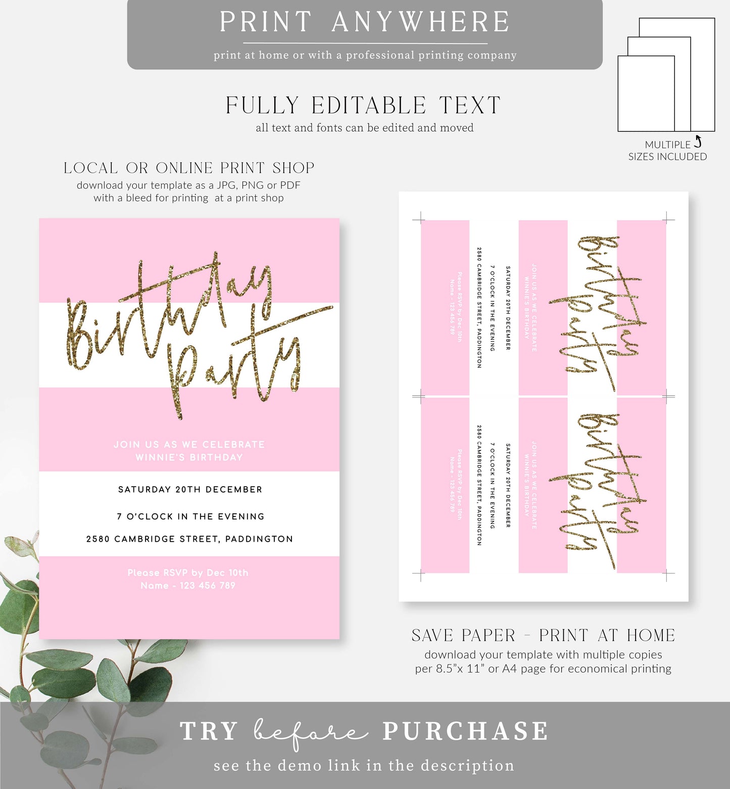 Stripe Pink | Printable Birthday Invitation Template